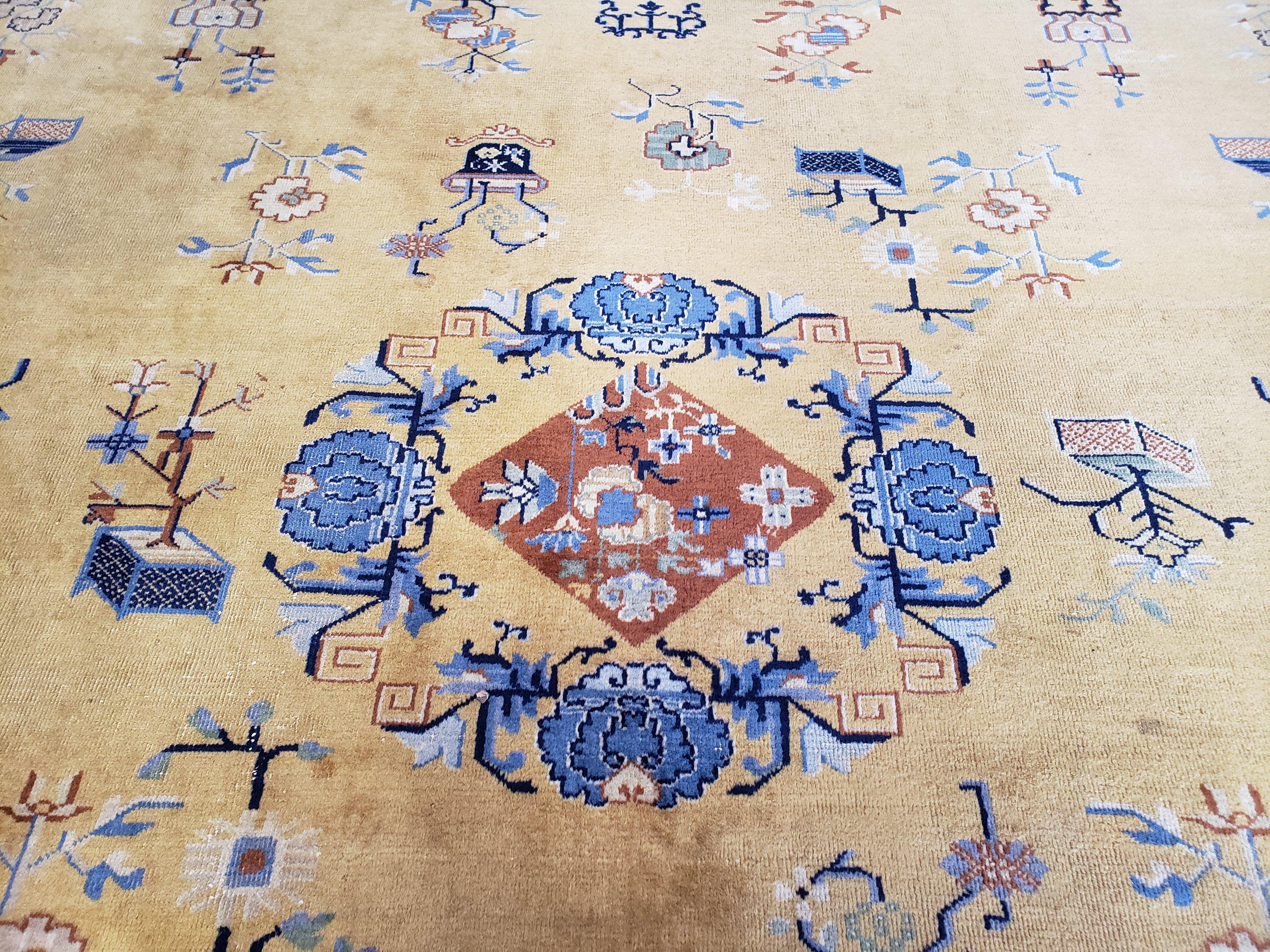 10' X 13' Antique Handmade Chinese Wool Rug Peking Mandarin Gold Mustard - Jewel Rugs