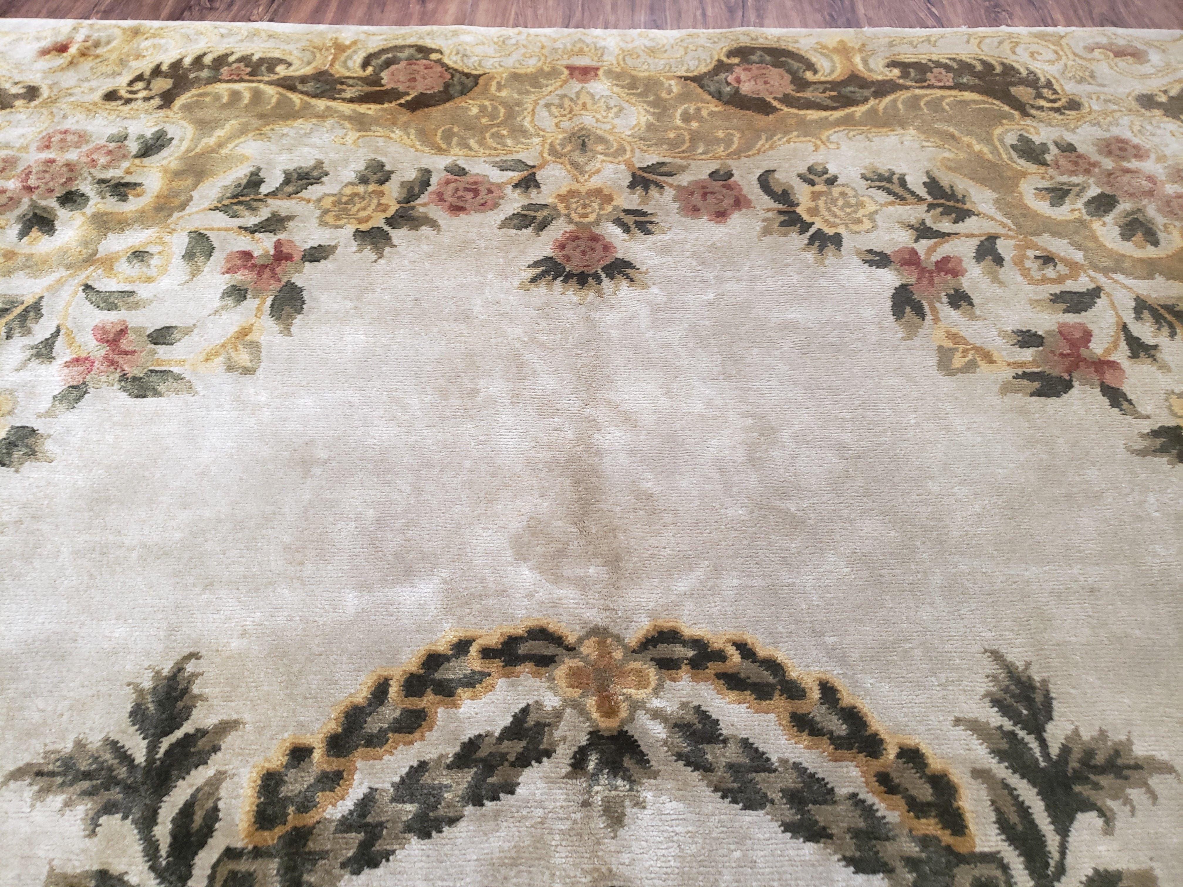 Aubusson Rug 10x14, Elegant French European Design, Vintage Handmade Carpet with Pile, Beige Floral Dining Room Rug, Living Room, Soft Wool - Jewel Rugs