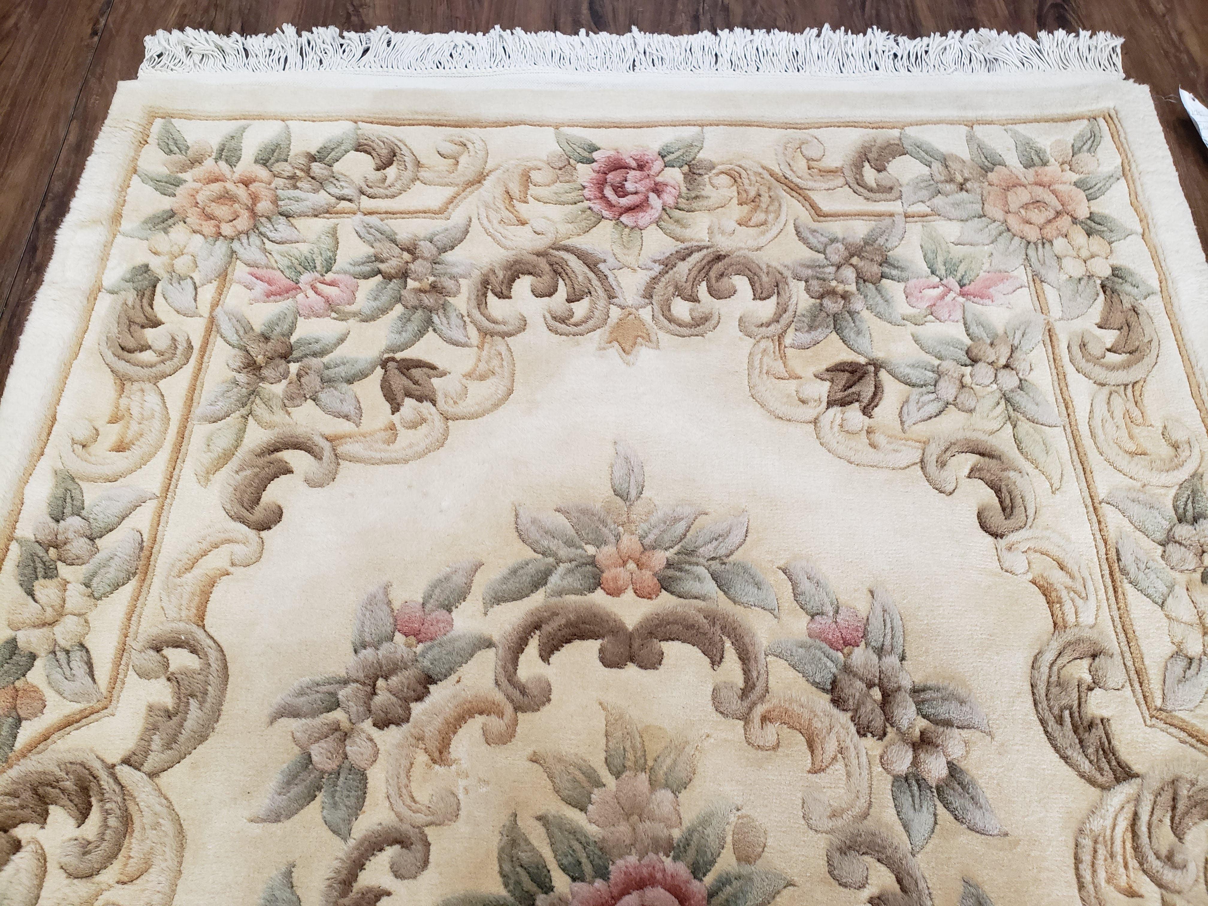 Chinese 90 Line Carpet 4x6, Chinese Aubusson Wool Rug, Plush Chinese Rug, Soft Pile Chinese Carpet, Cream Area Rug, Hand Knotted Floral - Jewel Rugs