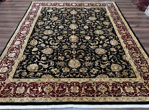 Indo Persian Rug 8x10, Black and Maroon Floral Allover Wool and Silk Oriental Carpet 8 x 10 ft, Hand Knotted Traditional Vintage Room Sized - Jewel Rugs