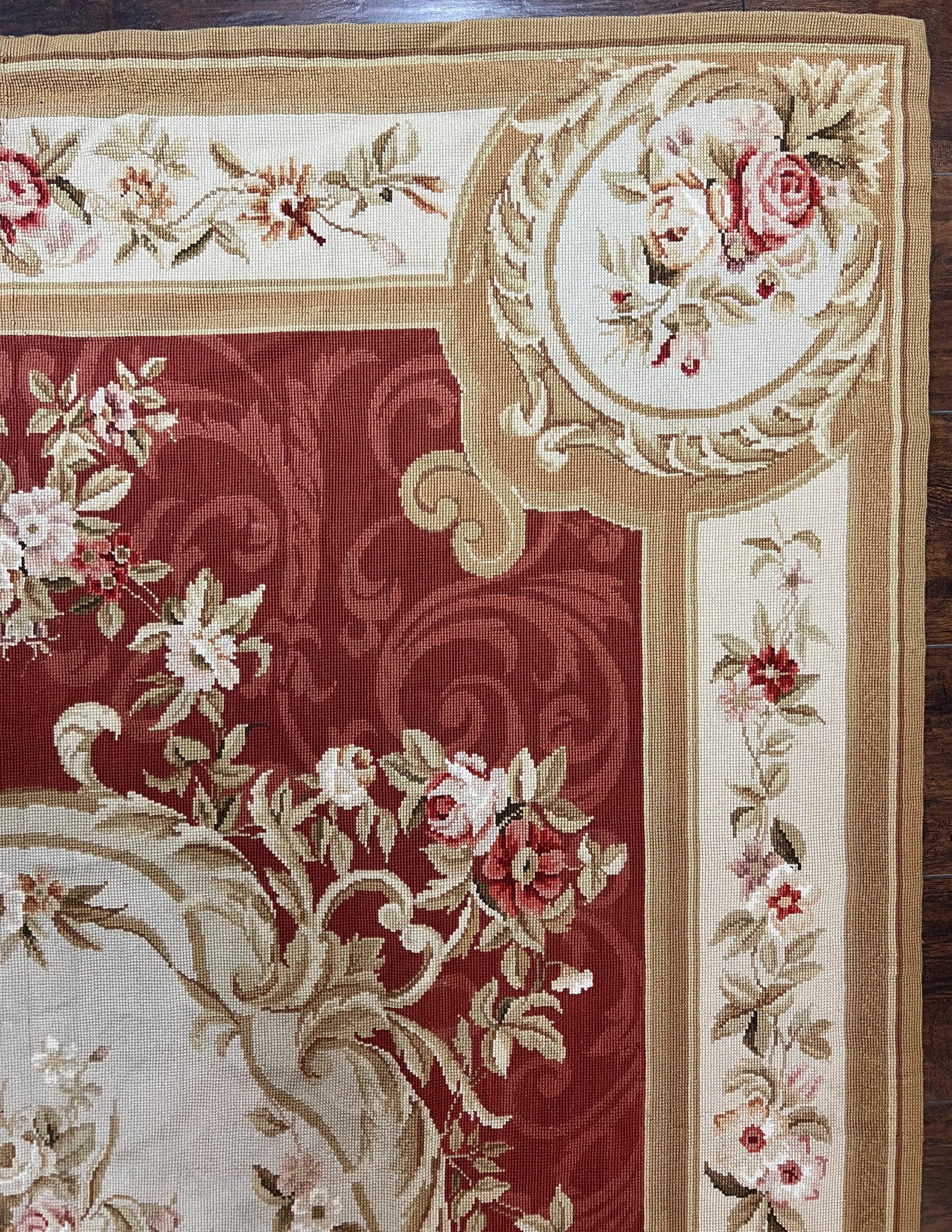 Aubusson Needlepoint Rug 5x8, Red Ivory Tan, Vintage Needlepoint Carpet 5 x 8 ft, Handmade Hand woven Wool, French European, Medium Size Rug - Jewel Rugs
