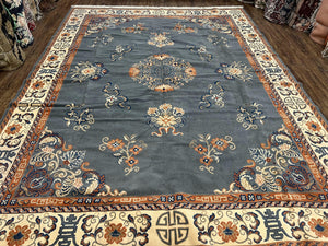 Chinese Art Deco Rug 8x11 Belgium Power Loomed Rug 8 x 11 Wool Area Rug, Pine Green Cream, Vintage Asian Oriental Carpet, Medallion Floral - Jewel Rugs