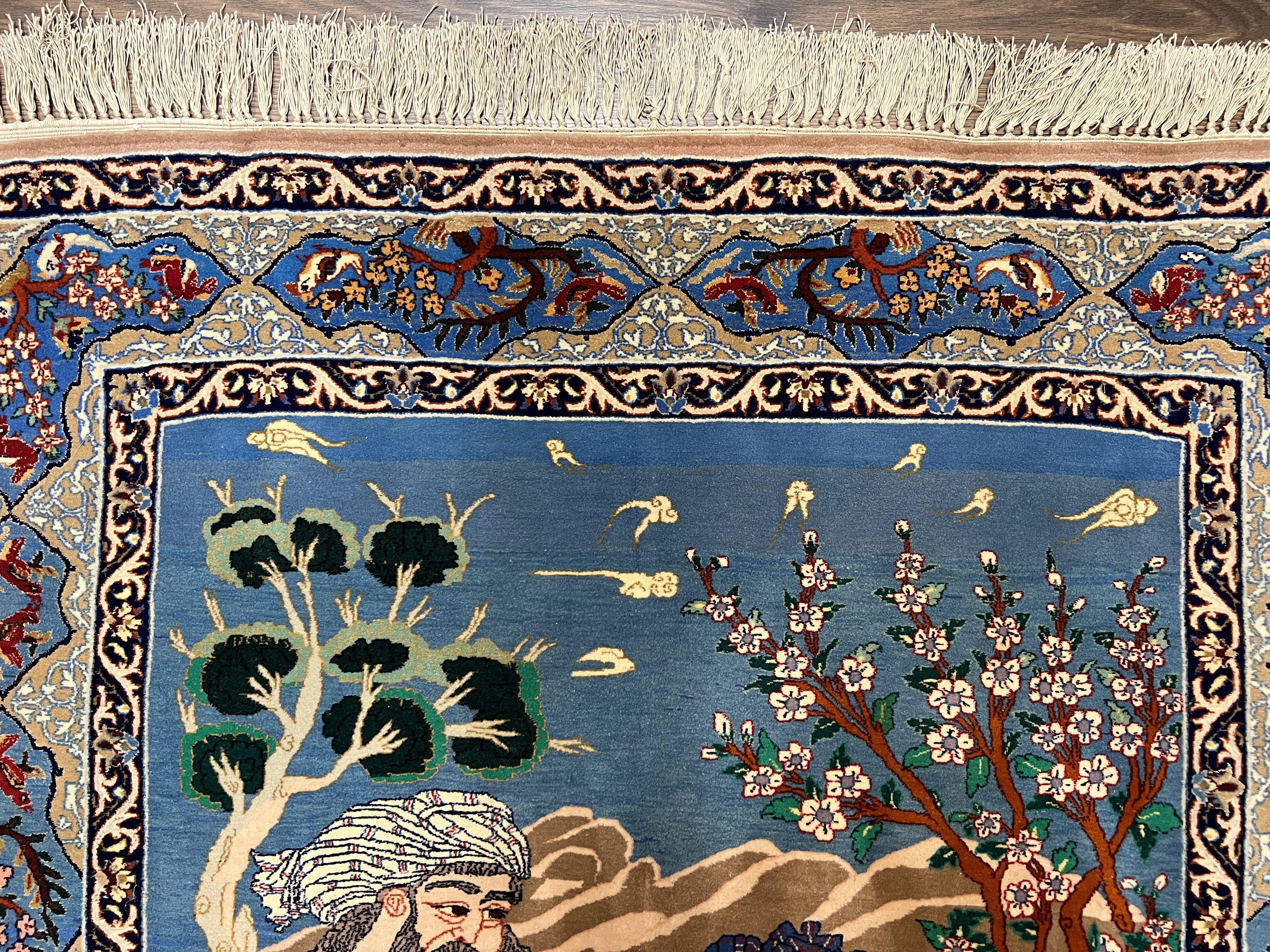 Fine Persian Isfahan Pictorial Rug 3.7 x 5, Kork Wool on Silk Foundation, Blue Persian Carpet, Hand Knotted, Humans Birds, High KPSI, Semi Antique - Jewel Rugs