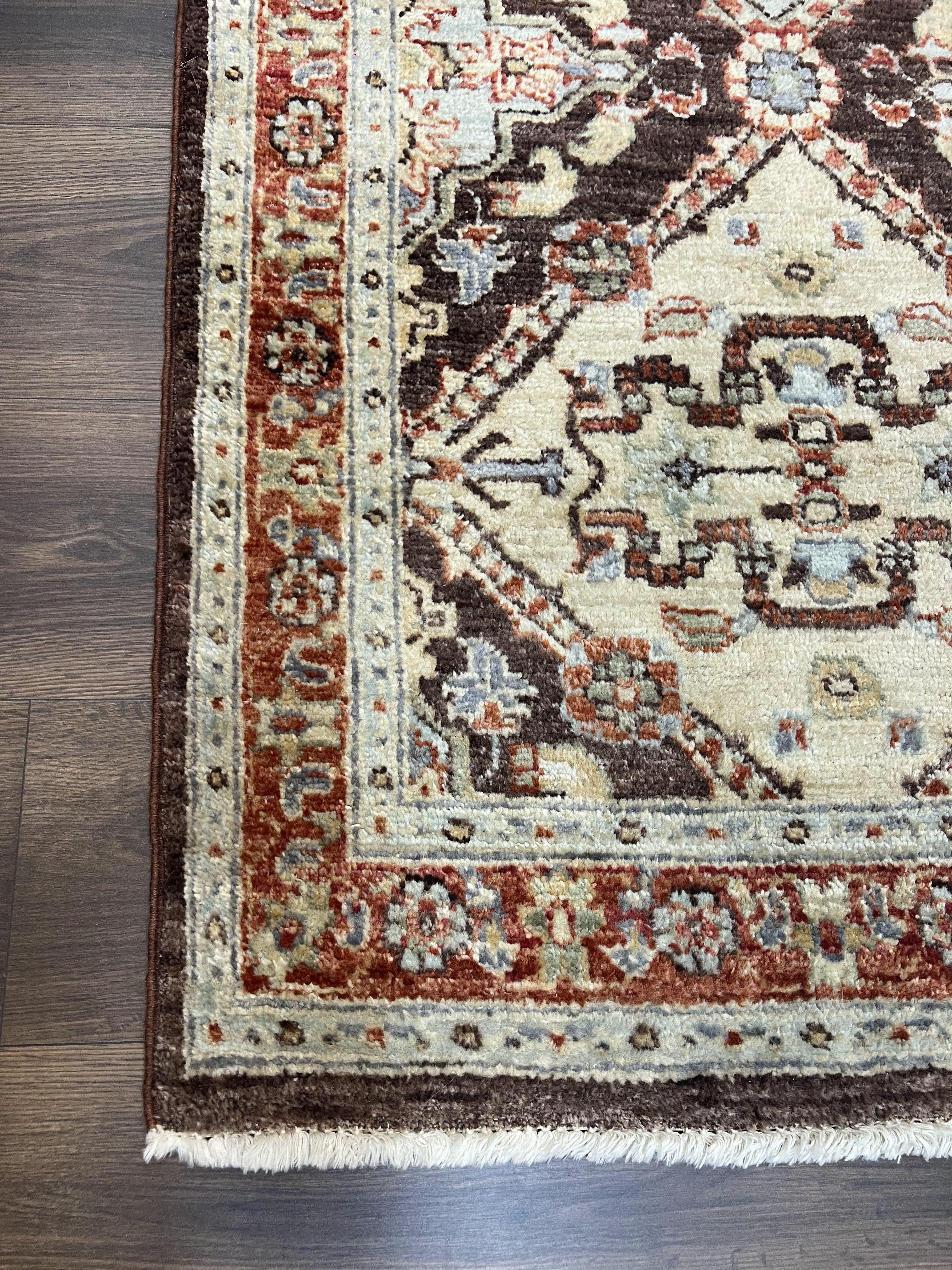 Indo Persian Rug 3.7 x 5.7, Multicolor Diamond Panel, Hand Knotted Wool Rug, Entryway Foyer Rug, Brown and Cream, Indian Oriental Carpet 4x6 - Jewel Rugs