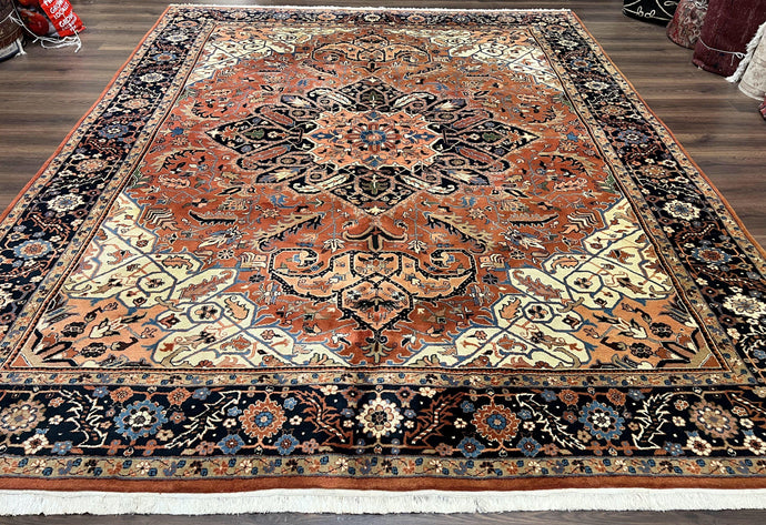 Indo Persian Heriz Rug 9x12, Geometric Medallion, Vintage Oriental Carpet, Handmade Room Sized Wool Heriz Serapi Rug, Red Navy Blue Cream - Jewel Rugs