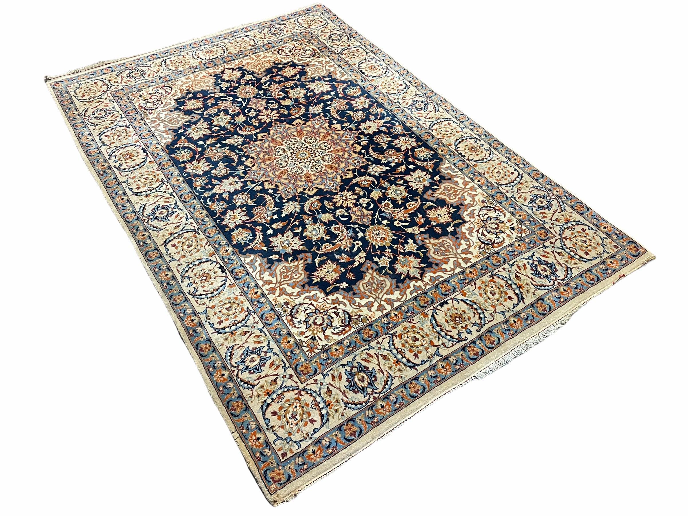 Persian Isfahan Rug 4x5, Navy Blue & Ivory, Wool and Silk Highlights - Jewel Rugs
