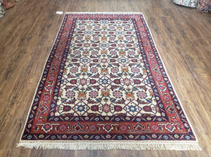 Romanian Rug 4 x 6.9 ft, Cream and Red Hand-Knotted Rug, Vintage 1980s Oriental Carpet Persian Design, 4x6 - 4x7 Rugs, Traditional Allover - Jewel Rugs