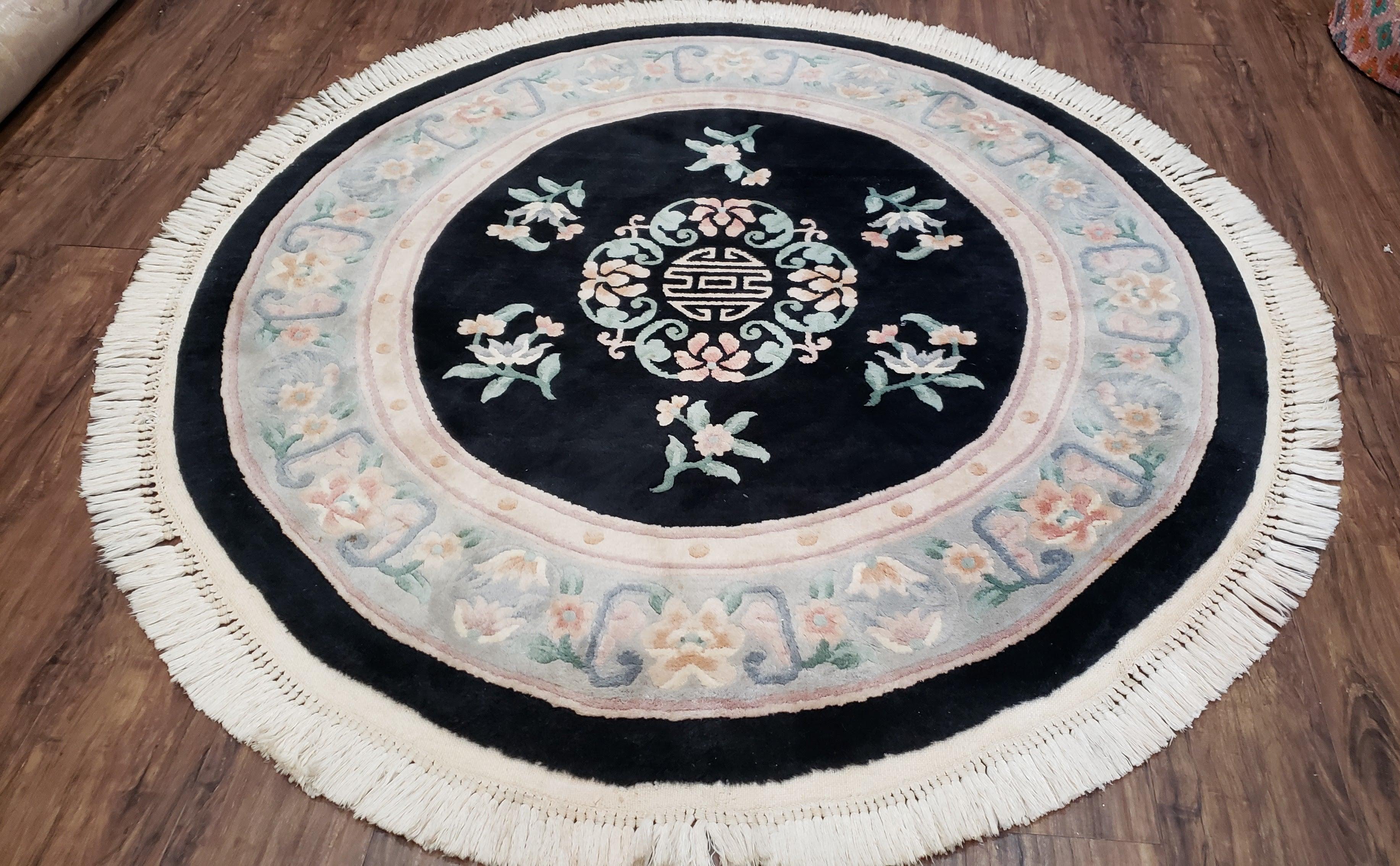 Vintage Chinese Art Deco Round Rug 5', Hand-Knotted Wool Chinese Black & Gray Carving 90 Line Asian Carpet, Plush 5x5 Round Rug, Soft - Jewel Rugs