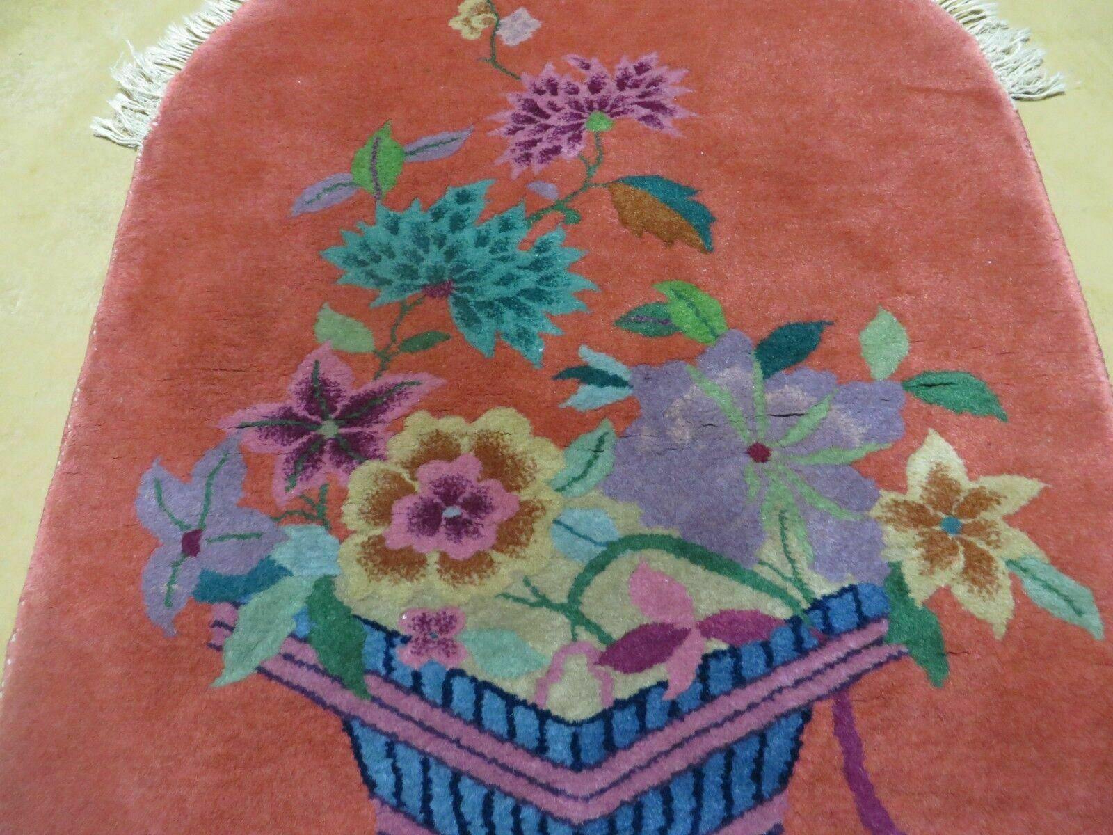 2' X 4' Handmade Antique Chinese Oval Art Deco Nichols Red Wool Rug with Vase & Flowers - Jewel Rugs