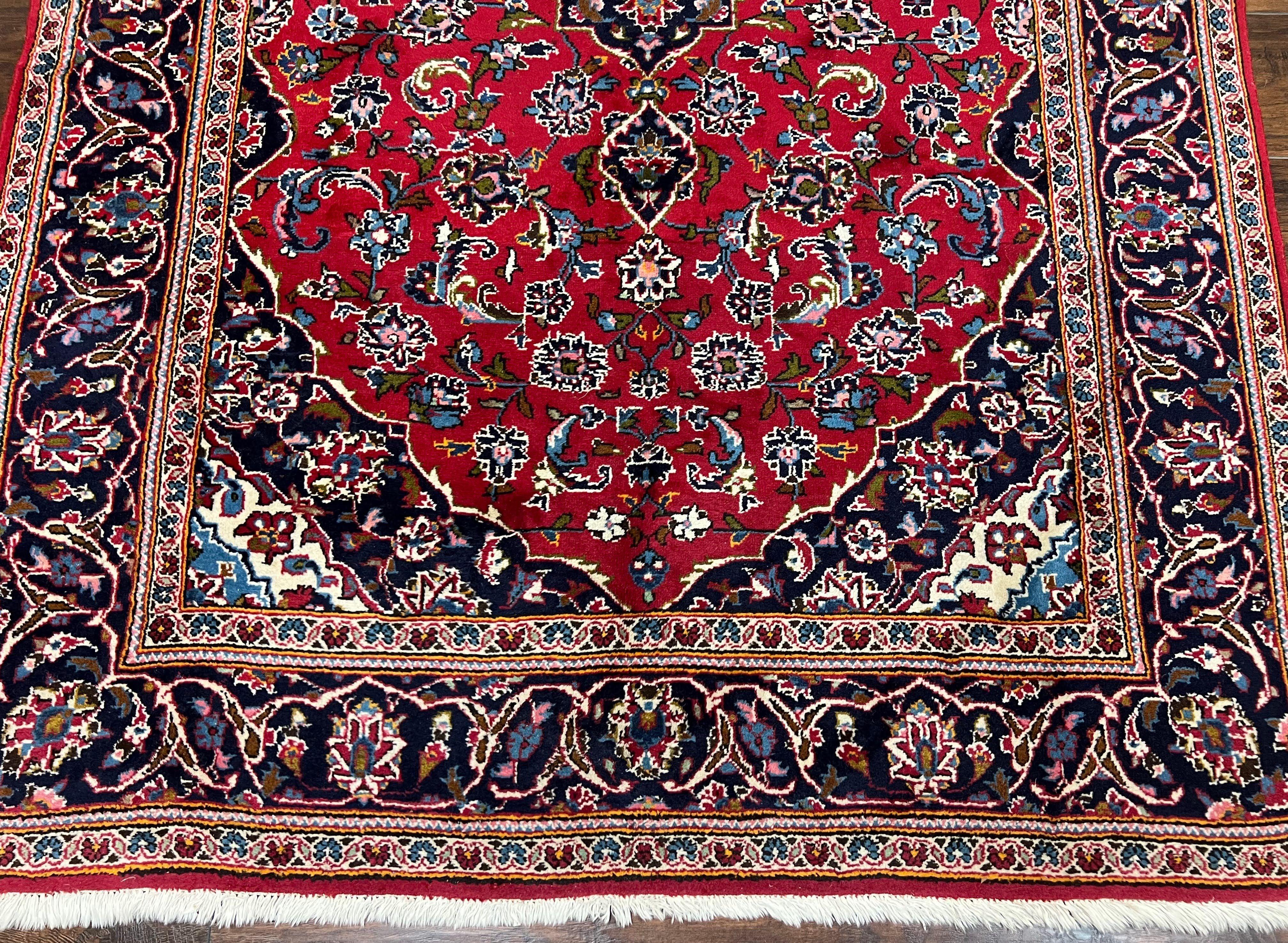 Persian Kashan Rug 4.9 x 8.5, Red and Navy Blue Semi Antique Vintage Wool Oriental Carpet, Hand Knotted Rug, Floral Medallion, High Quality Rug - Jewel Rugs