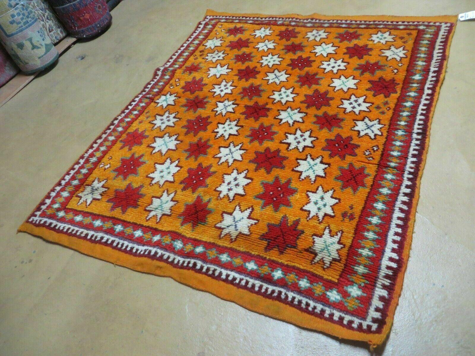 Vintage Moroccan Rug 4x5, Orange Ivory Red, Geometric Stars, Repeated Motif Allover, Hand Knotted Soft Wool Area Rug, Tribal Oriental Carpet - Jewel Rugs