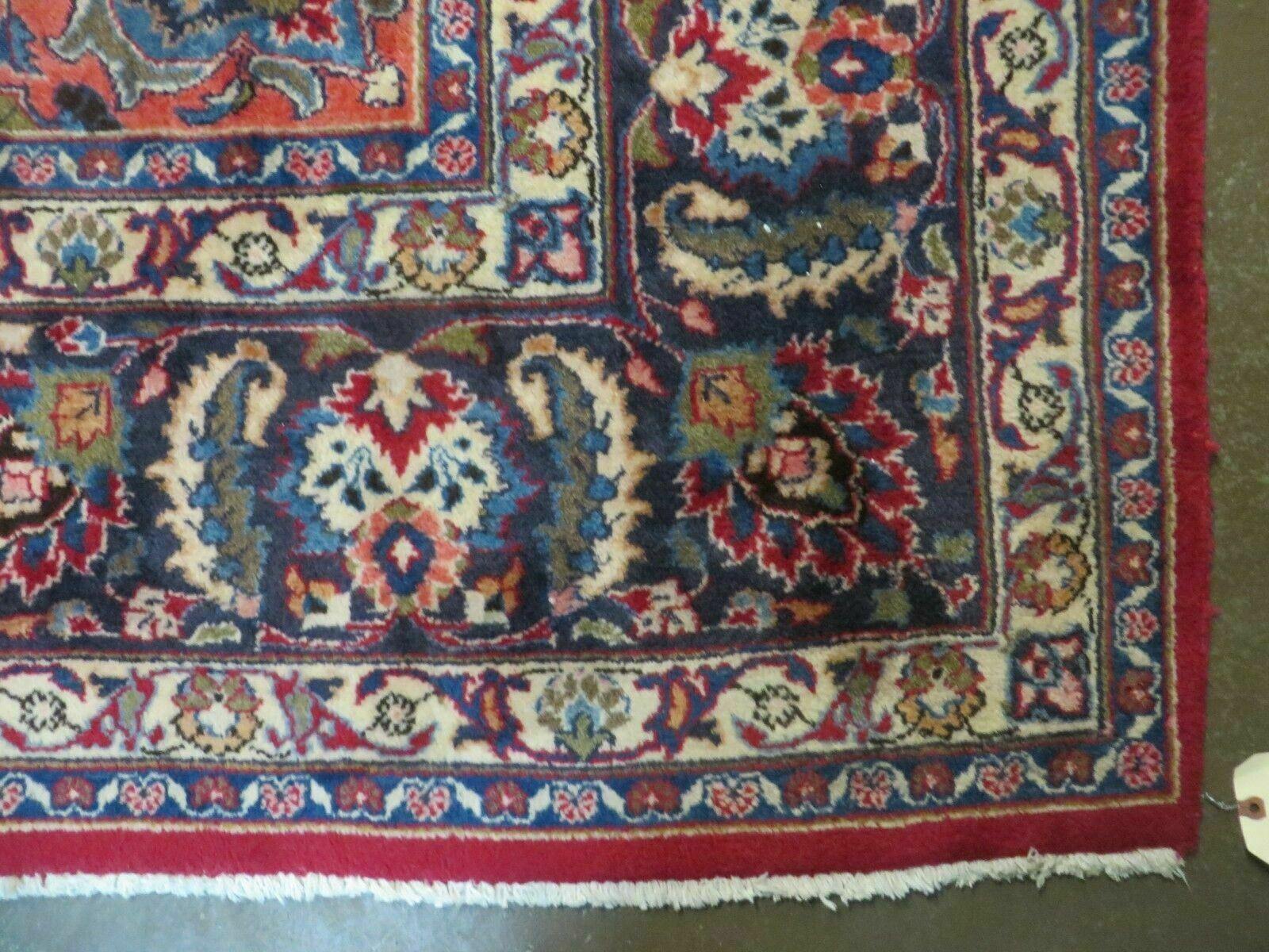 Signed Persian Mashad Rug 10x13 Oriental Carpet, Semi Antique Rug 10 x 13 Vintage Rug, Hand Knotted, Traditional, Red Blue Cream, Medallion Allover - Jewel Rugs