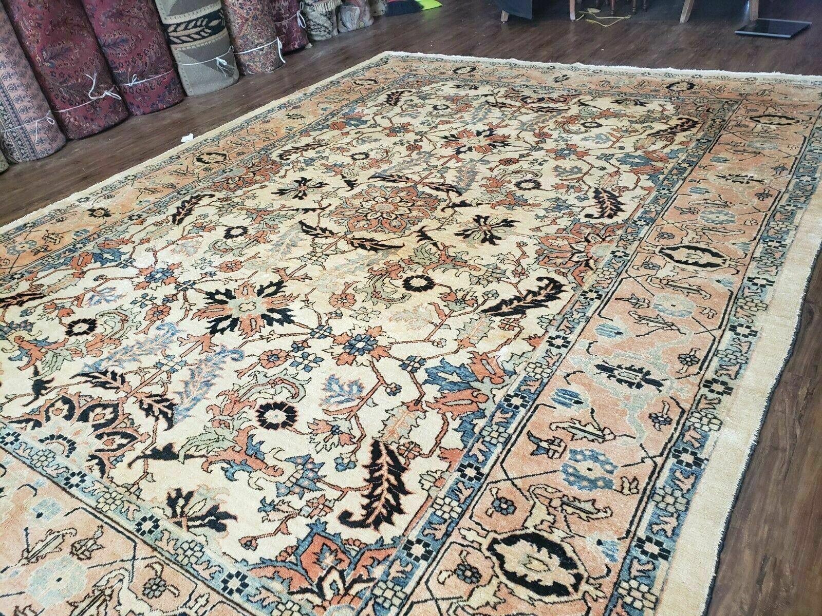 9' X 12' Hand Knotted Indian Agra Wool Rug Vegetable Dyes Handmade Beige Ivory - Jewel Rugs