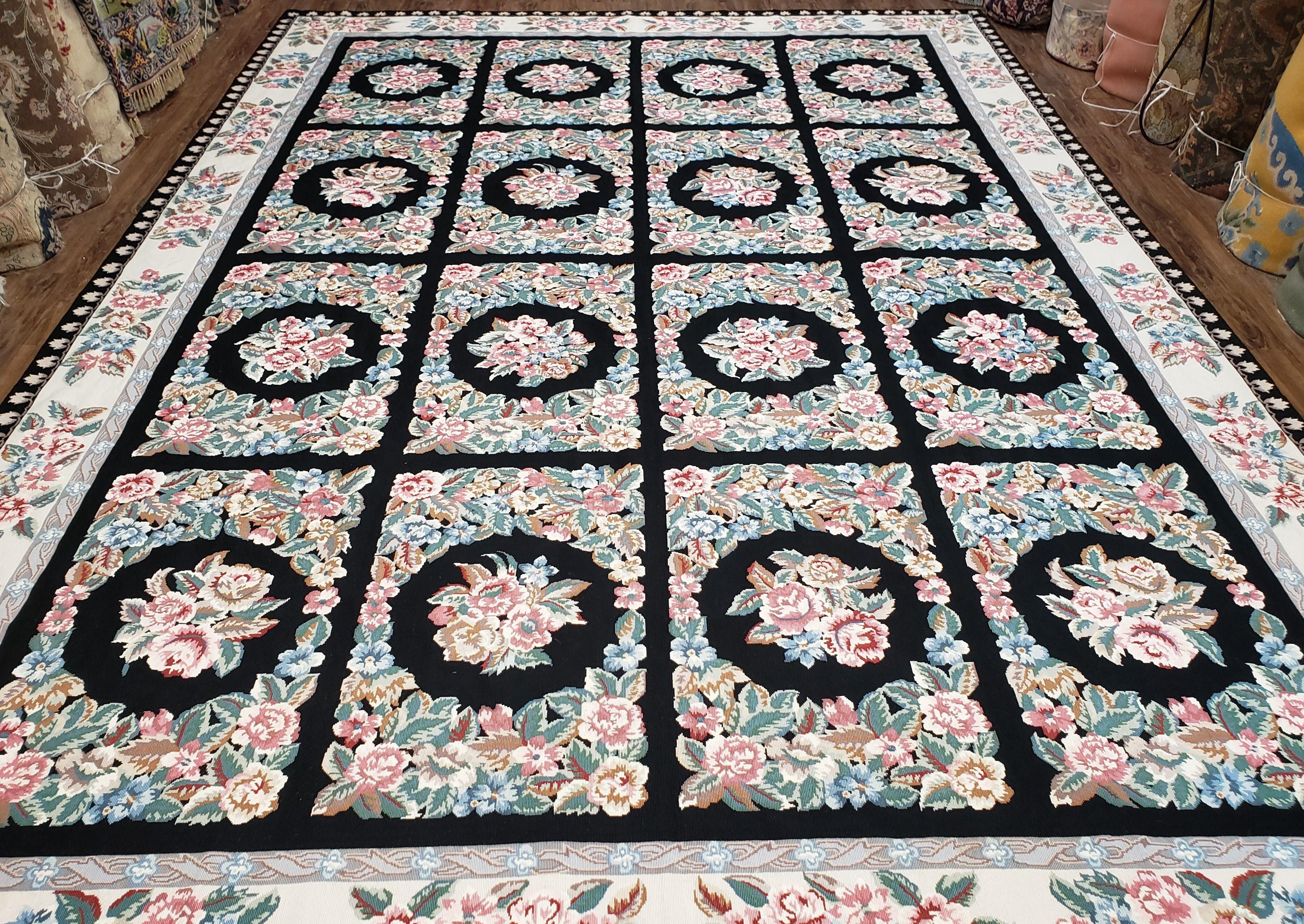 Floral Needlepoint Rug 9.5 x 13.6, Floral Panel Design, Black and Ivory Flatweave Aubusson Carpet, Multicolor - Jewel Rugs