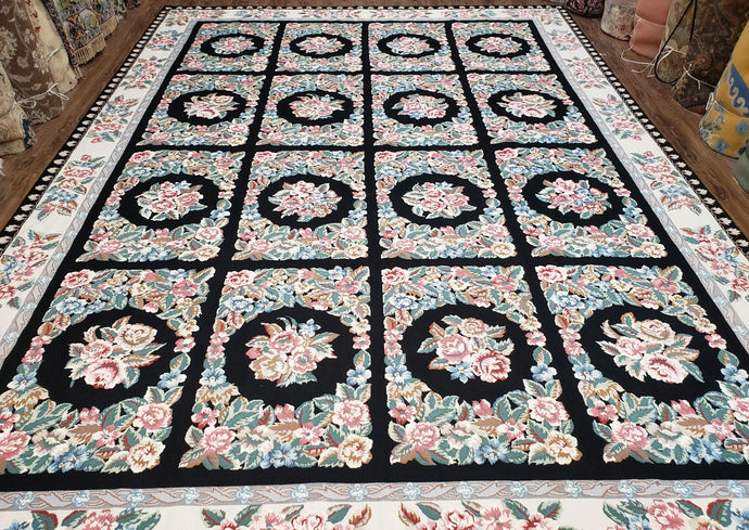 Floral Panel Needlepoint Rug, 9x13 - 10x14 Aubusson Rug, Large Needlepoint with Flowers, Black and Ivory Flatweave Aubusson, Multicolor - Jewel Rugs