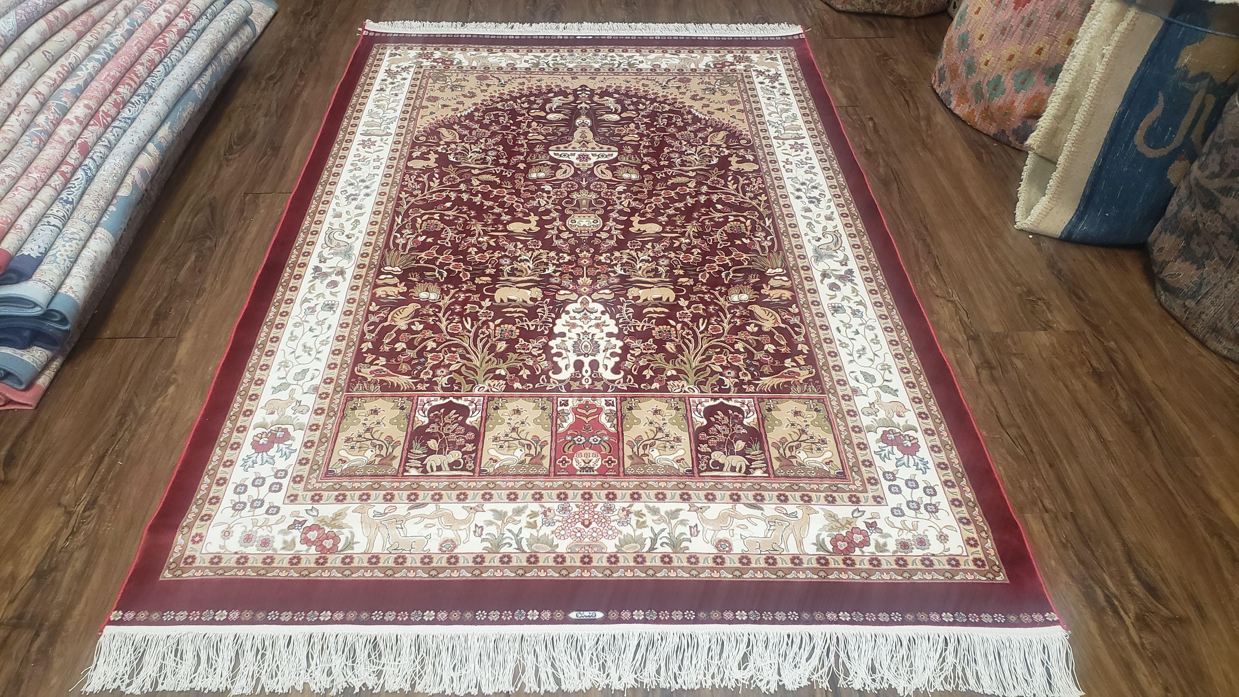 Silk Carpet 4x6 Dark Red & Cream, Tree of Life Rug, Animal Motifs, Birds Deer Rabbits, All Bamboo Silk, 4 x 6 Silk Area Rug - Jewel Rugs