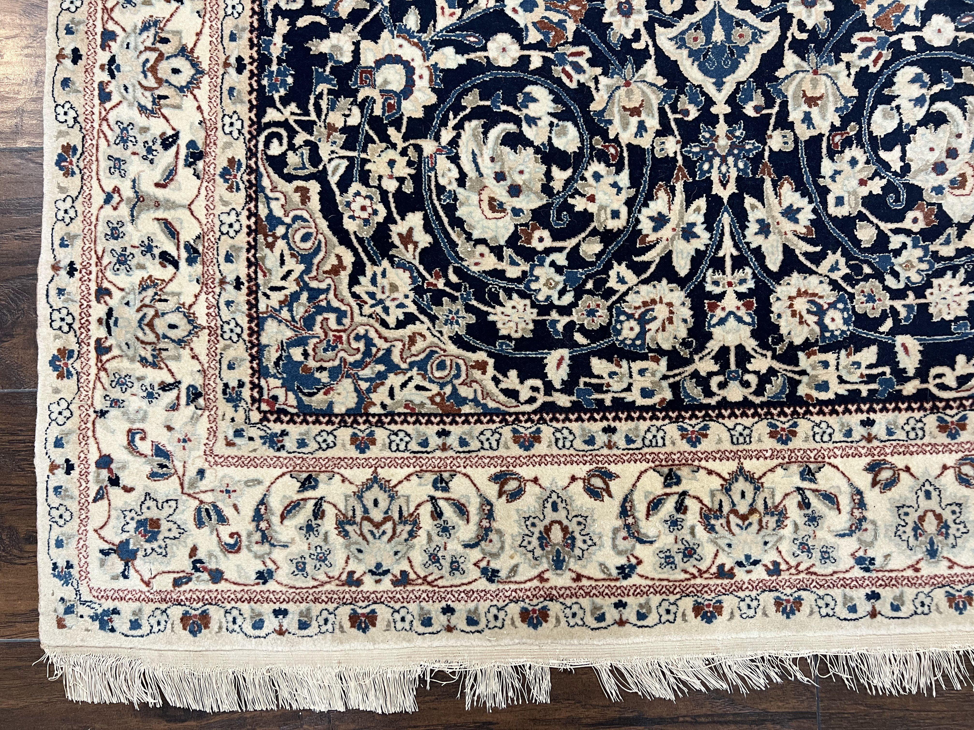 Very Fine Persian Nain Rug 3.7 x 6, Floral Medallion, Wool and Silk Accents, Highly Detailed, Hand Knotted Oriental Carpet, Navy Blue Ivory/Cream - Jewel Rugs