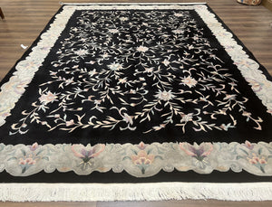 Chinese Wool Rug 9x11, Black Chinese 90 Line Carpet, Allover Floral Chinese Rug, Soft Plush Rug, Black Gray Teal Rug, Vintage Chinese Rug - Jewel Rugs