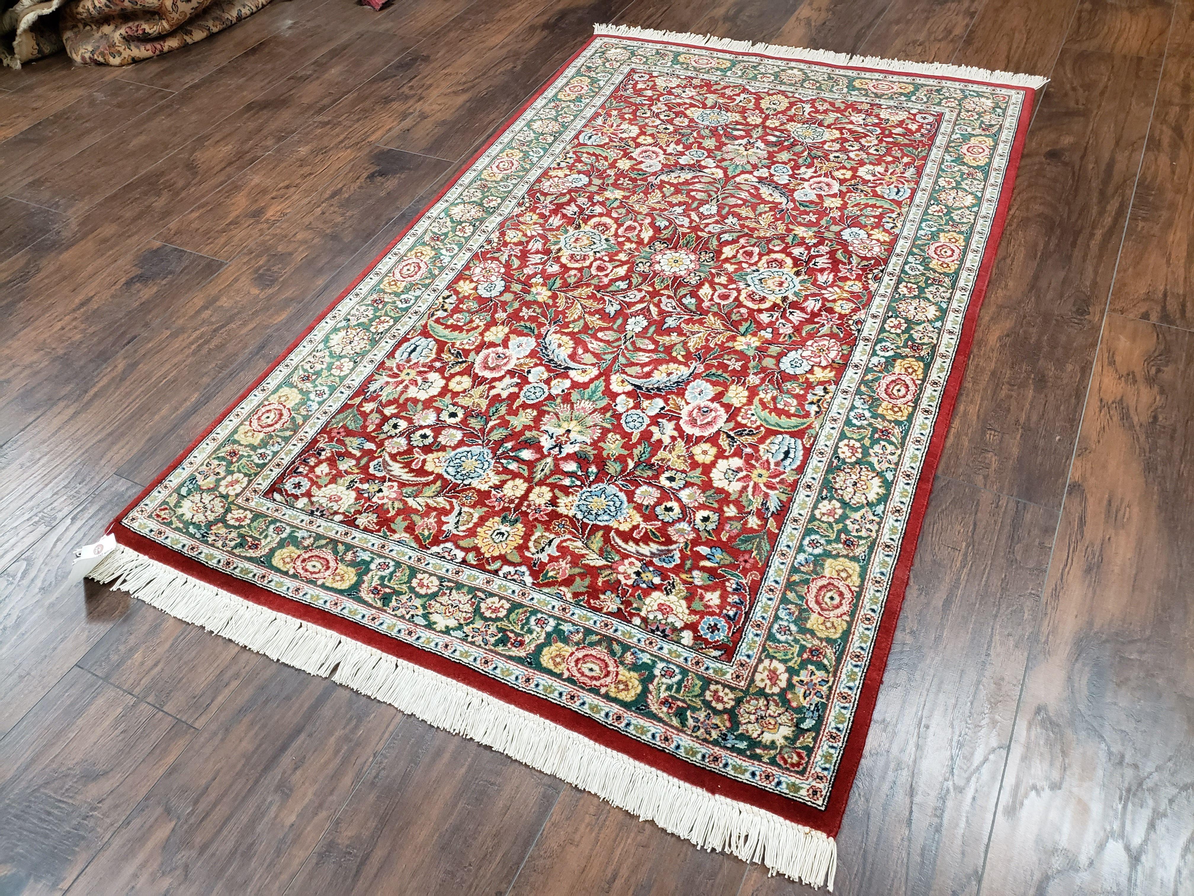 Indo-Persian Rug 3x5, Vintage Traditional Oriental Carpet 3 x 5, Afshan Allover Floral Pattern Red & Green Wool Hand-Knotted Fine Indian Rug - Jewel Rugs