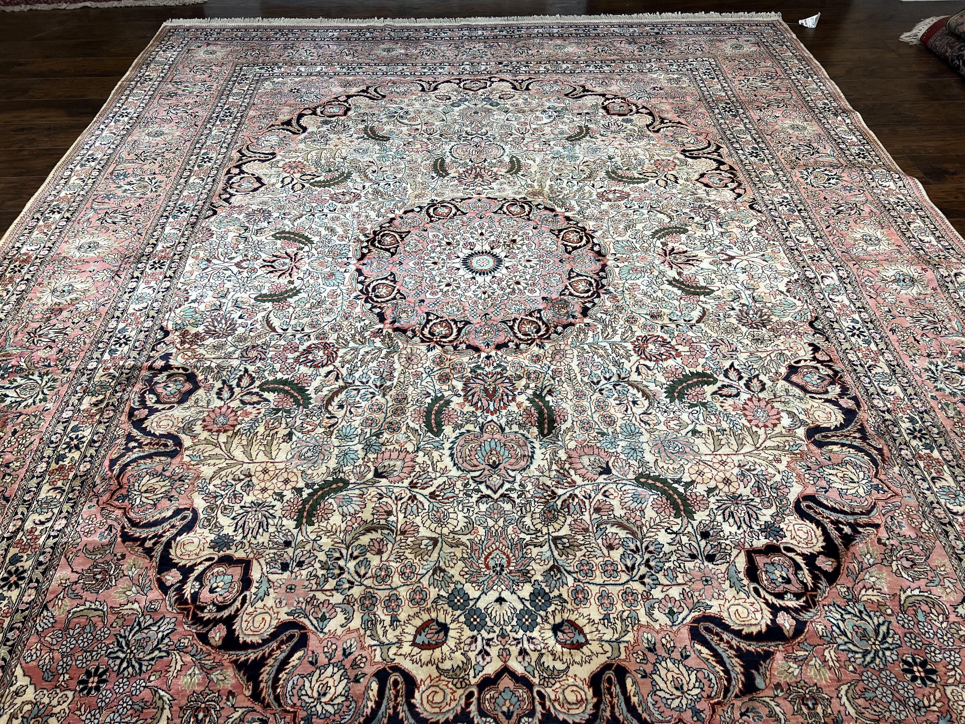 Indian Silk Kashmiri Rug 9x12, Room Sized All Silk Carpet, Center Medallion, Highly Detailed, Top Quality, Very Fine, Vintage, Cream Pink - Jewel Rugs