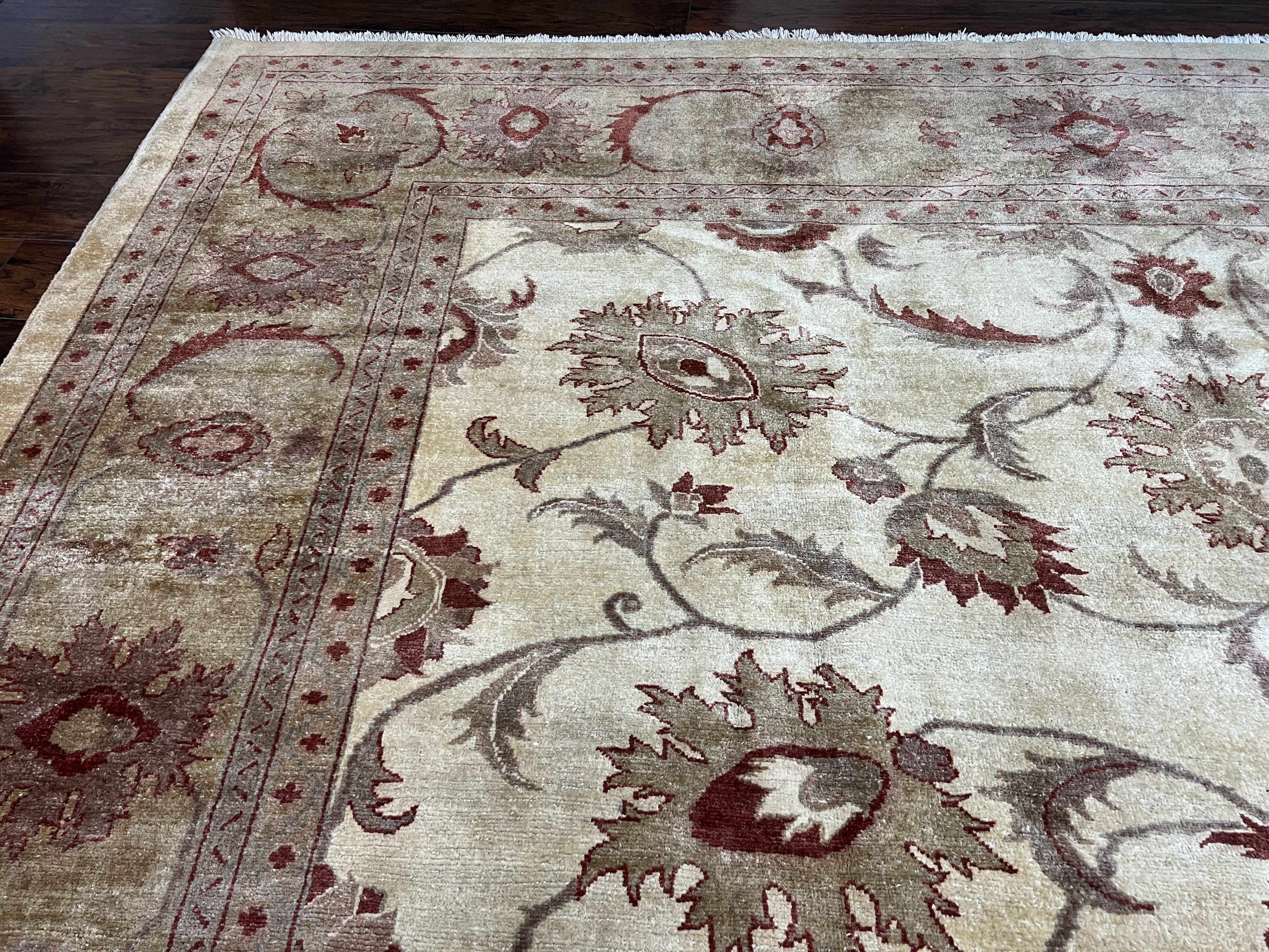 Large Peshawar Rug 11x14, Vintage Beige Chobi Carpet, Allover Floral Design, Hand Knotted, Wool, Room Sized Rug for Living Room Dining Room - Jewel Rugs