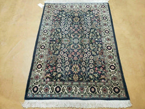 3' X 4' Vintage Handmade India Jaipur Floral Wool Rug Carpet Nice Dark Blue - Jewel Rugs