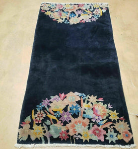 2' 6" X 5' Antique Handmade Chinese Art Deco Peking Wool Accent/Throw Rug - Black Rug with Flower Design - Jewel Rugs