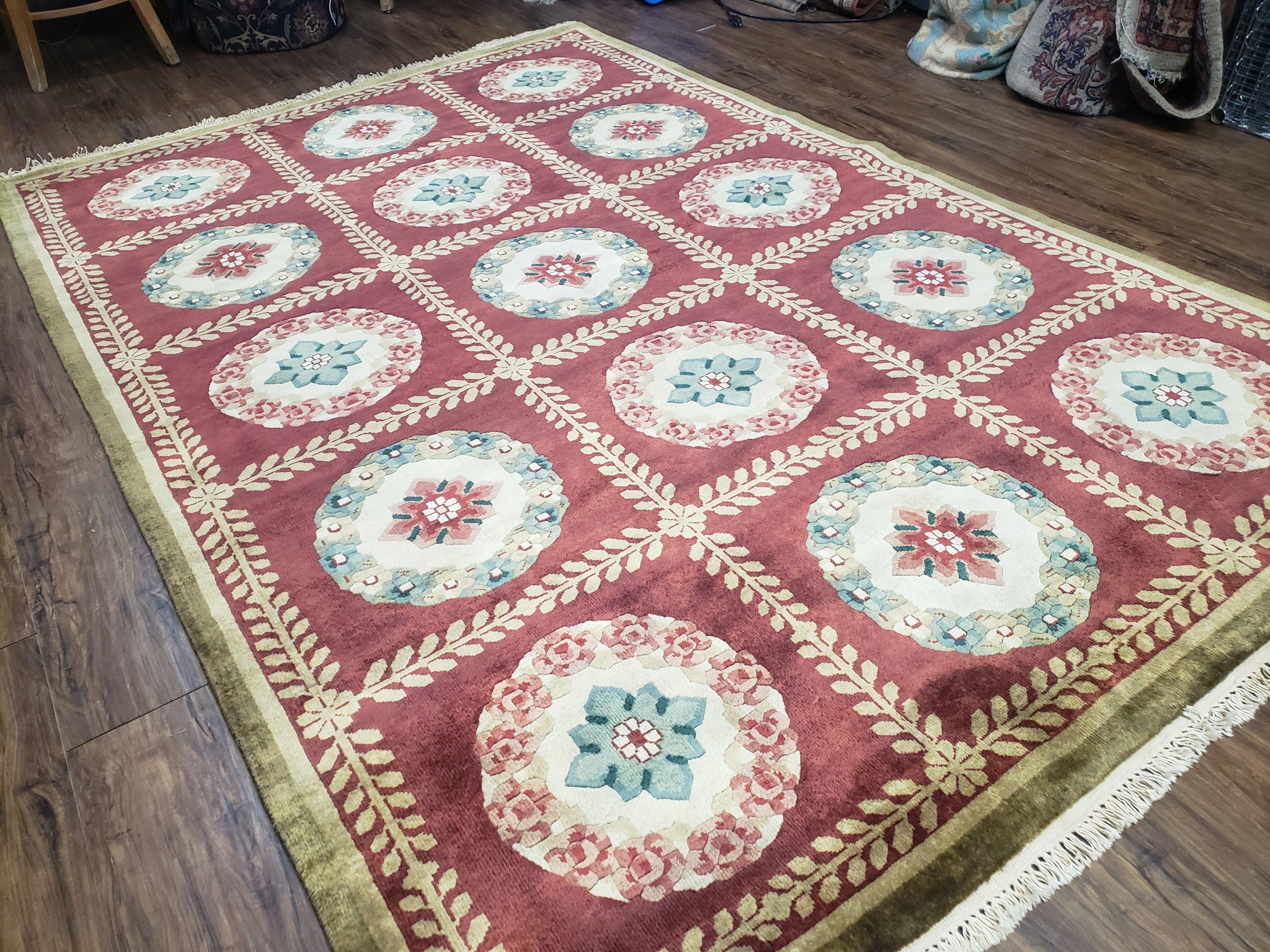 Nepalese Aubusson Panel Rug 6x9, Red & Ivory Soft Plush Tibetan Pile Rug, Wool Hand-Knotted Carpet, 6 x 9 Elegant Area Rug, Office Room Rug - Jewel Rugs