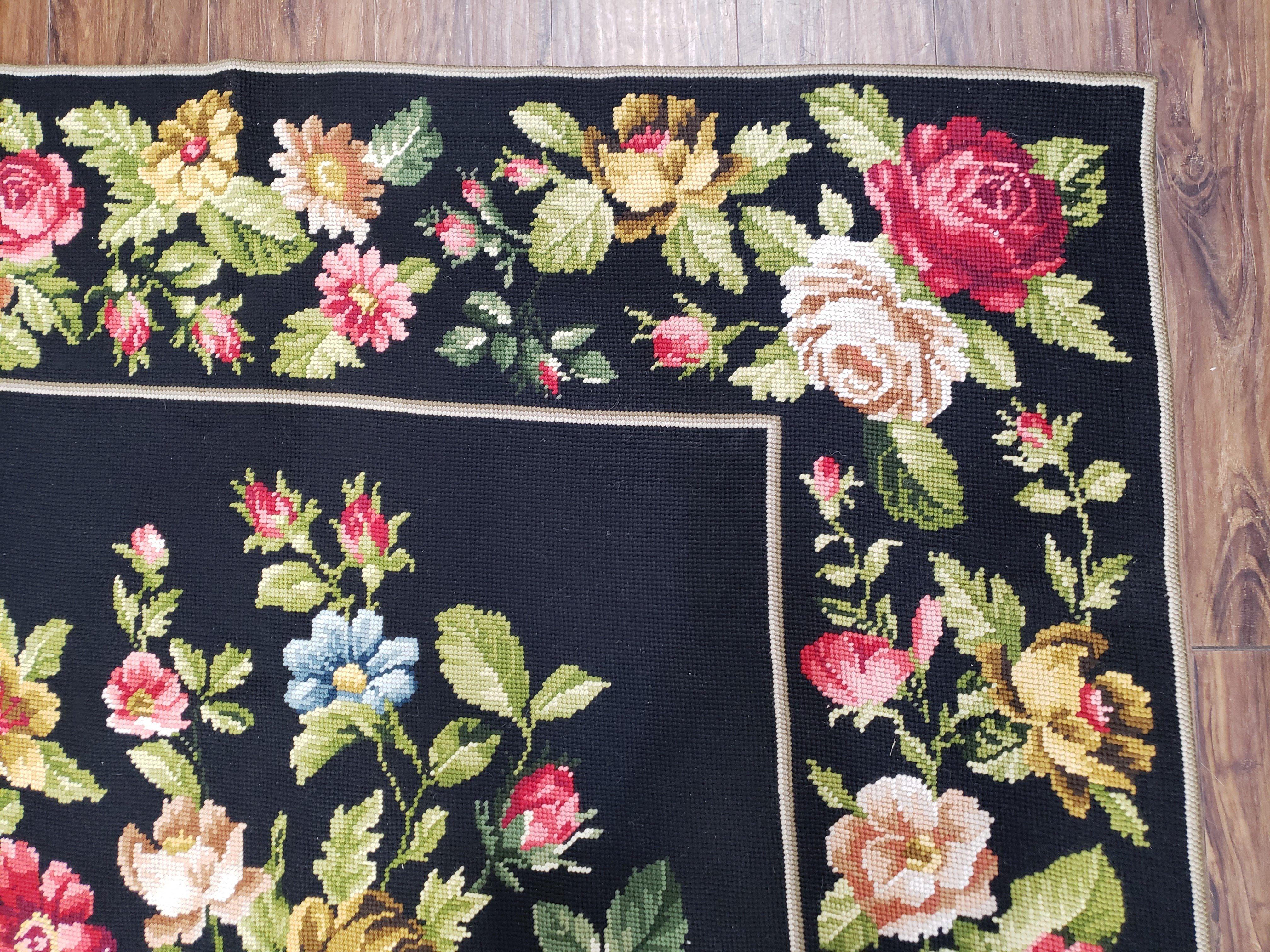 Vintage Black Floral Needlepoint Area Rug 5x8 - 6x9, Large Red & Pink Rose Flowers, Wool Hand-Woven Petitepoint Flatweave Living Room Carpet - Jewel Rugs