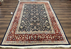Indo Sarouk Rug 6x9, Vintage Indian Persian Rug, Wool Oriental Carpet, Navy Blue Red Allover Floral Rug, Traditional Very Fine Rug, Area Rug - Jewel Rugs