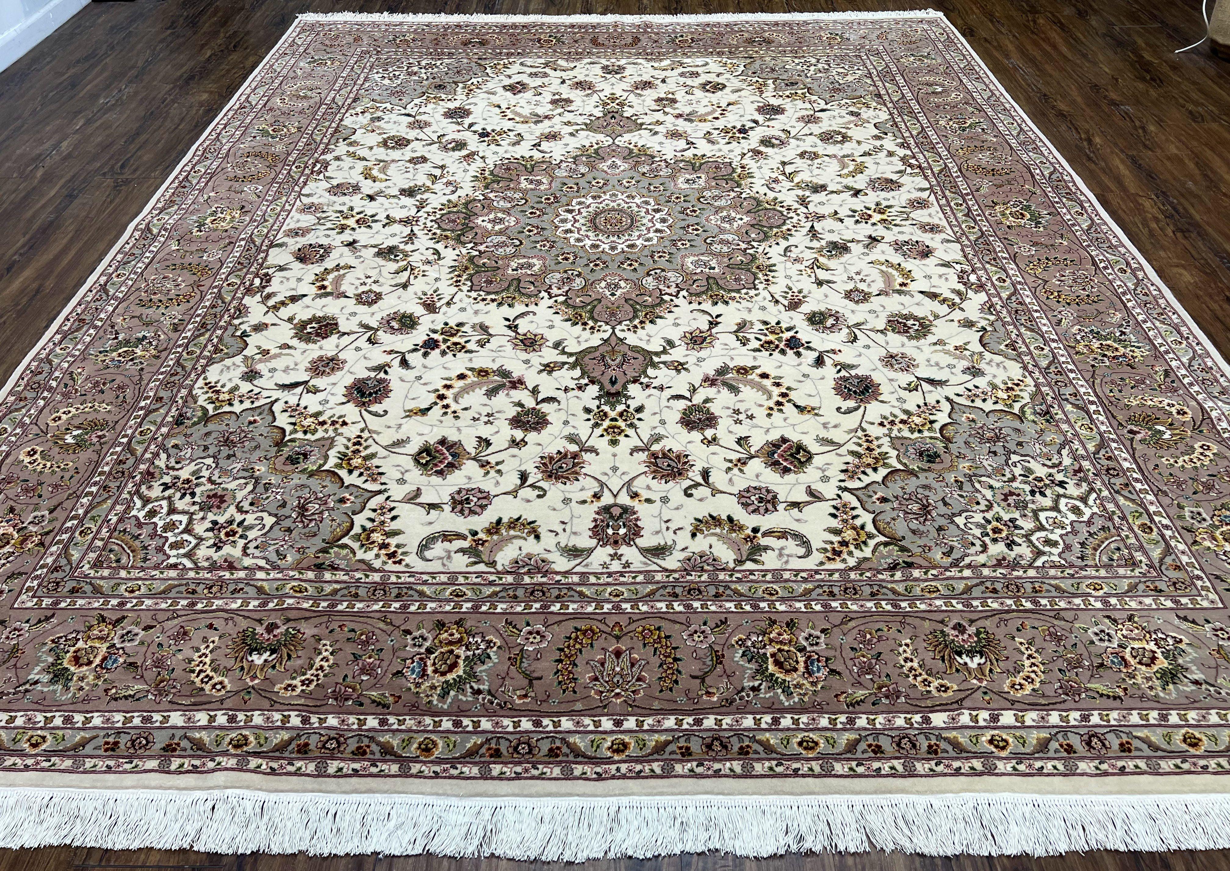 Fine Sino Persian Rug 8x10 ft, Floral Medallion, Elegant Oriental Carpet, Ivory Gray Light Mauve Handmade Wool with Silk Highlights Vintage - Jewel Rugs