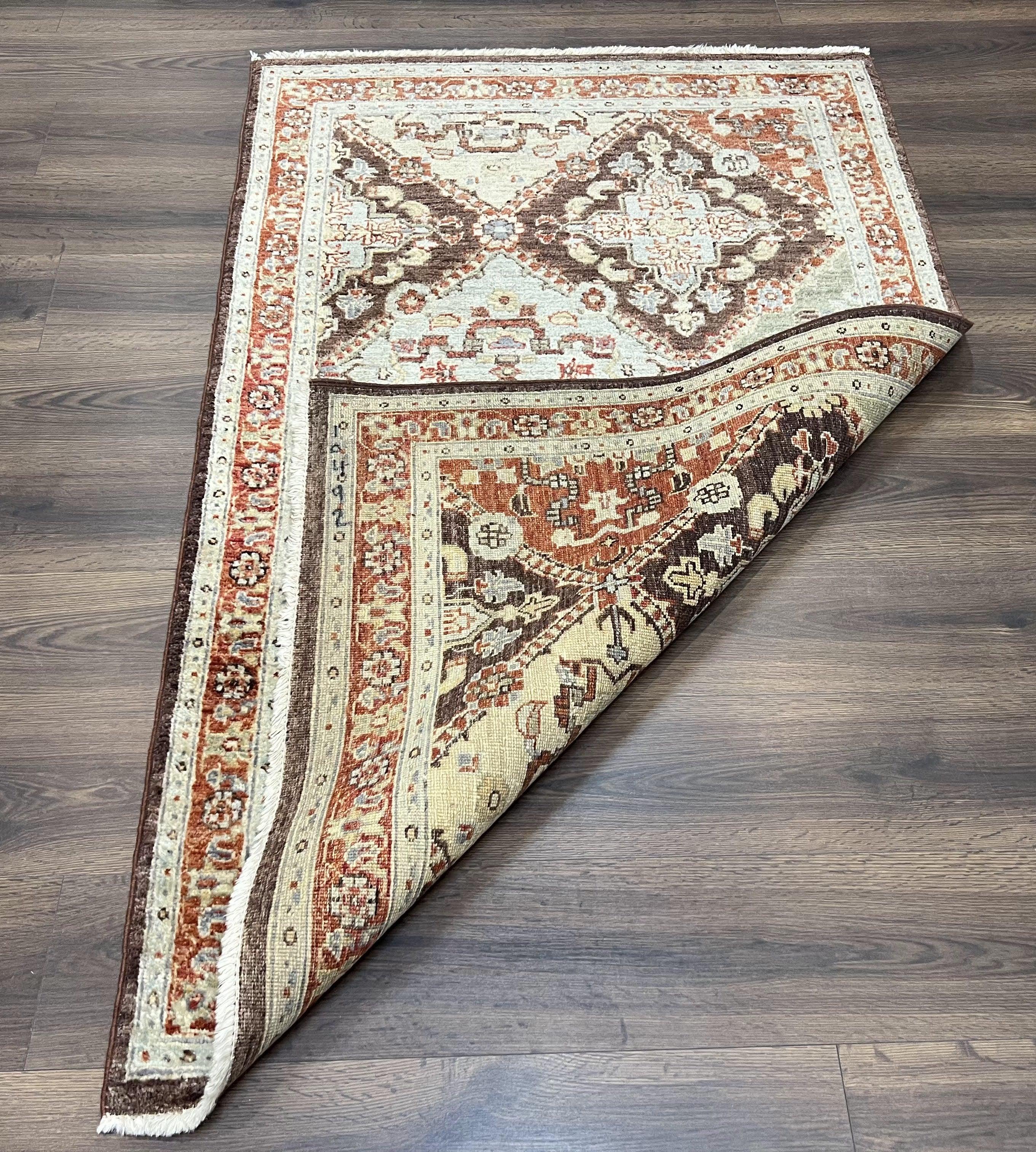 Indo Persian Rug 3.7 x 5.7, Multicolor Diamond Panel, Hand Knotted Wool Rug, Entryway Foyer Rug, Brown and Cream, Indian Oriental Carpet 4x6 - Jewel Rugs