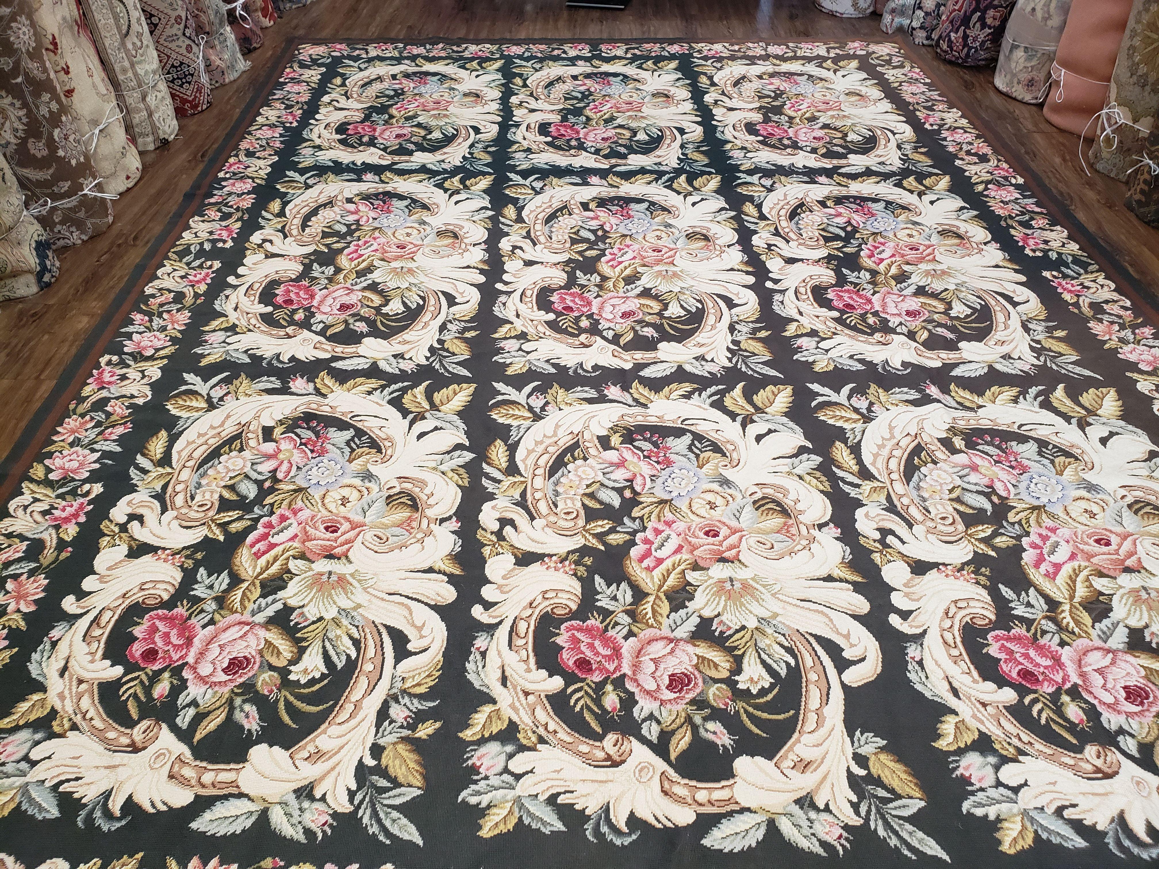 Vintage William Morris Flatweave Needlepoint Rug, Large Floral Panel Design, Handmade, Arts & Crafts/Mission Patern, Dark Green, Wool, 10x13 - Jewel Rugs