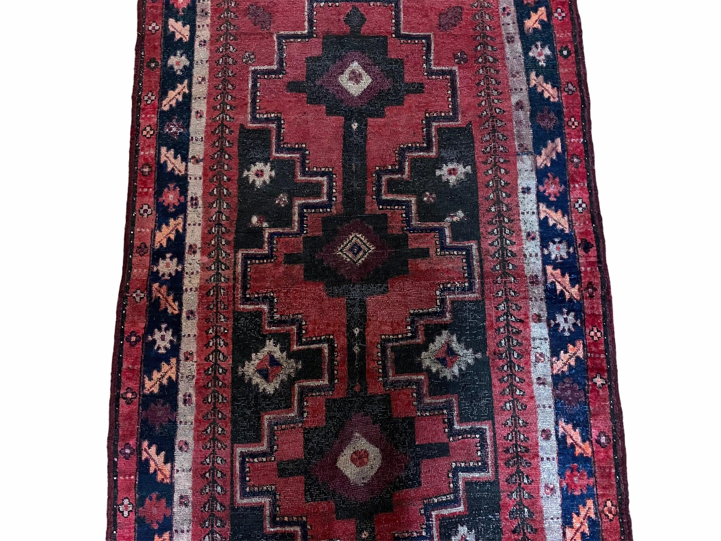 4 X 7 Antique Handmade Wool Tribal Rug Geometric Bold Organic Dyes Black Red - Jewel Rugs