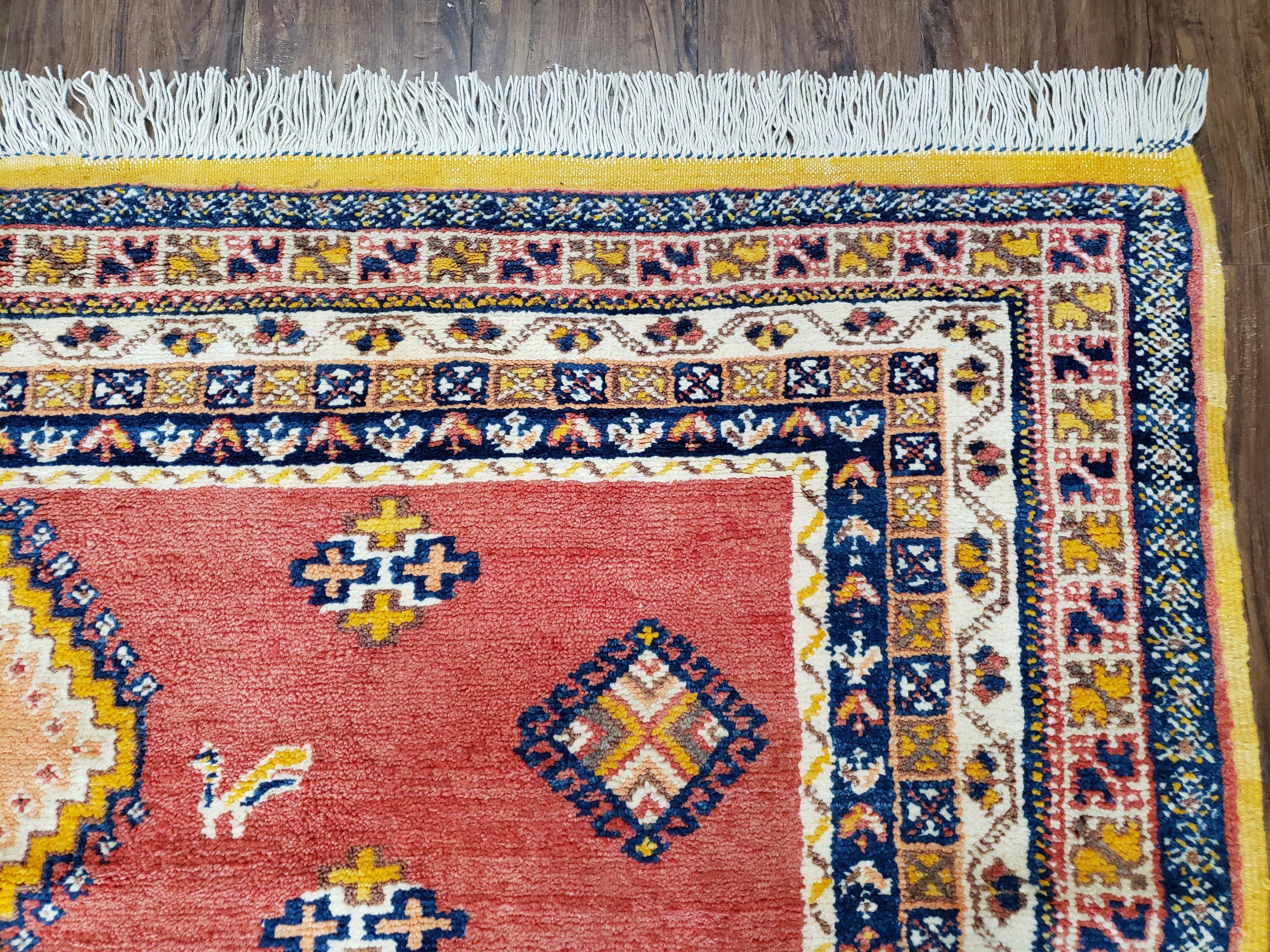 Vintage Moroccan Rug 6.6 x 9.8 ft, Tribal Bohemian Wool Hand-Knotted Carpet, 1950s Moroccan Rug, Salmon Red and Navy Blue, Room Sized Rug - Jewel Rugs