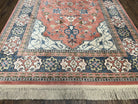 Karastan Rug 5.9 x 9 Bergama Design #737, Wool Karastan Area Rug, Vintage Carpet 6x9, Original Collection 700 Series, Salmon Red Light Blue - Jewel Rugs