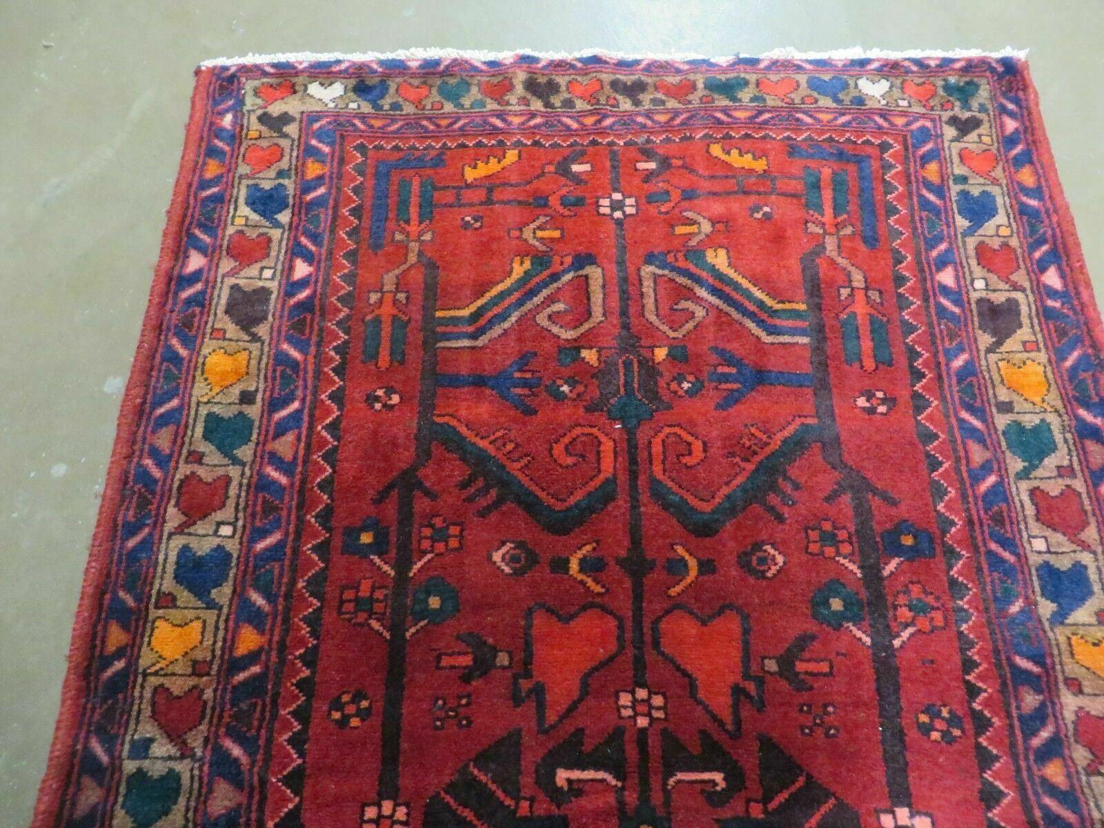 Antique Persian Hamadan Runner 3.4 x 9.7 - Wool, Red and Navy Blue - Jewel Rugs