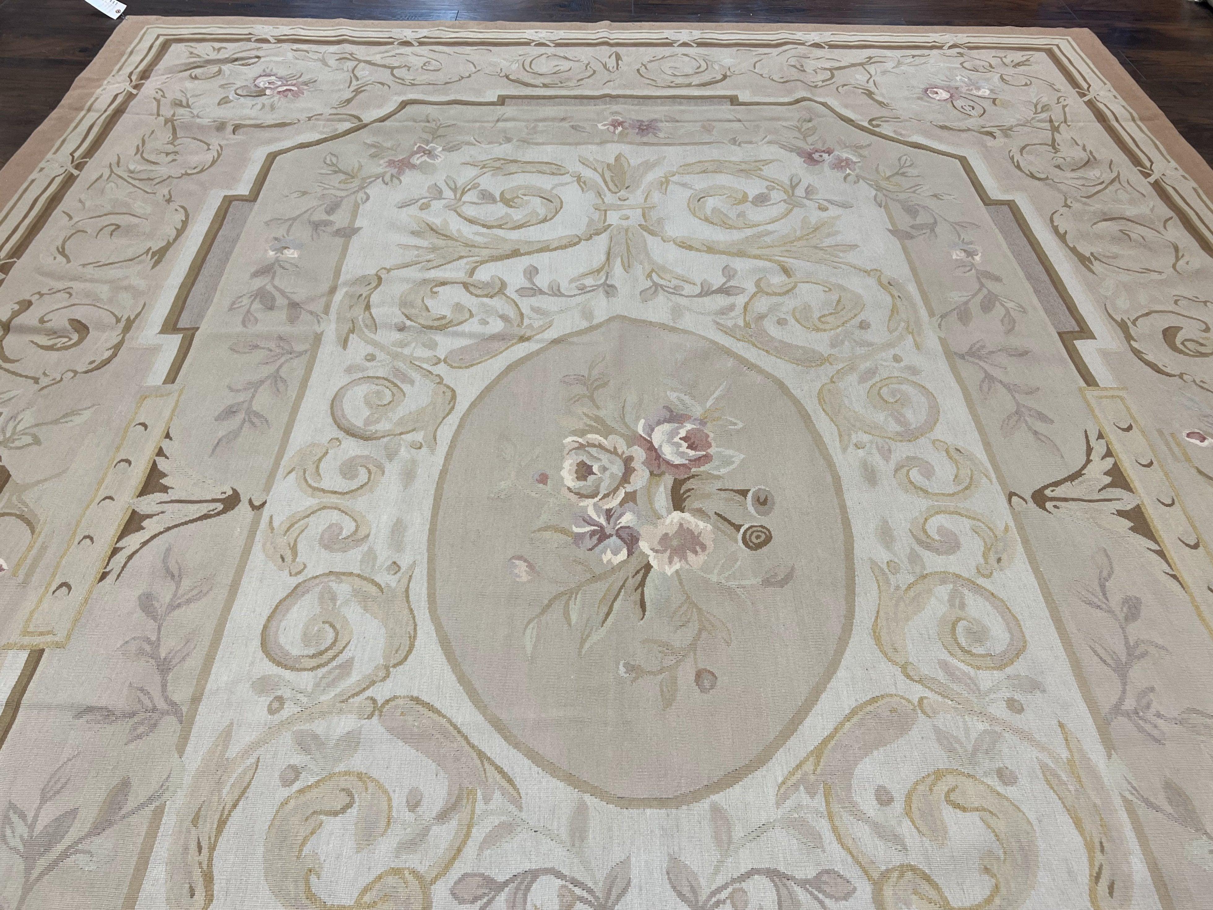 French Aubusson Design Rug 9x12, Savonnerie Flatweave Carpet, Beige, Very Elegant, Hand Woven, Wool, Large Room Sized Living Room Aubusson - Jewel Rugs