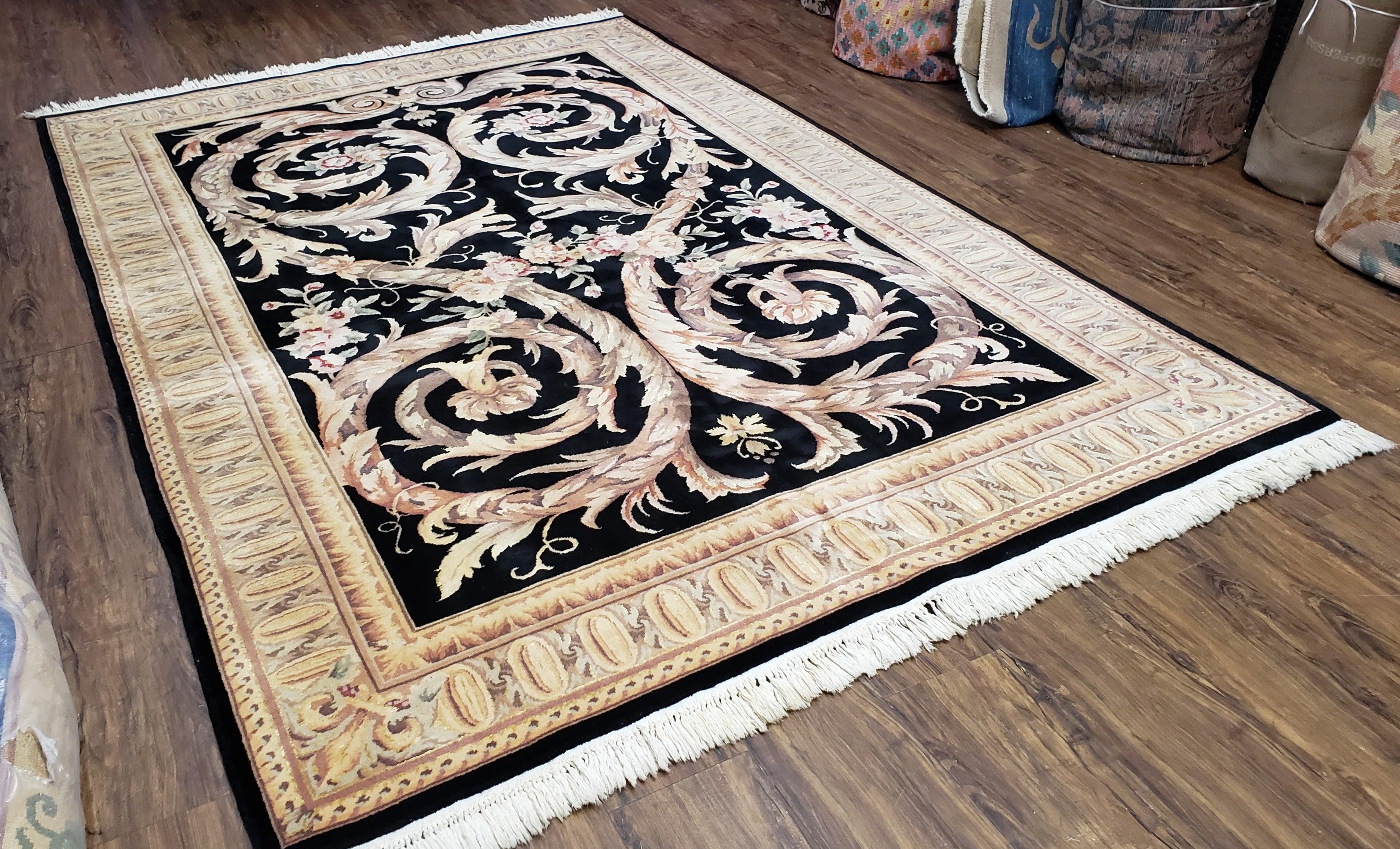 Vintage Black Chinese Savonnerie Area Rug 6x9, Wool & Silk Hand-Knotted Fine Oriental Carpet, Aubusson French Style, Elegant Design 120 Line - Jewel Rugs