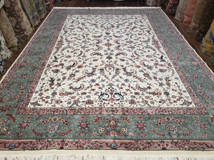 Vintage Pak Persian Oriental Rug 10x13 - 10x14, Wool and Silk Rug, Handmade Floral Pattern Oriental Rug, Fine Weave, Ivory and Green Rug - Jewel Rugs