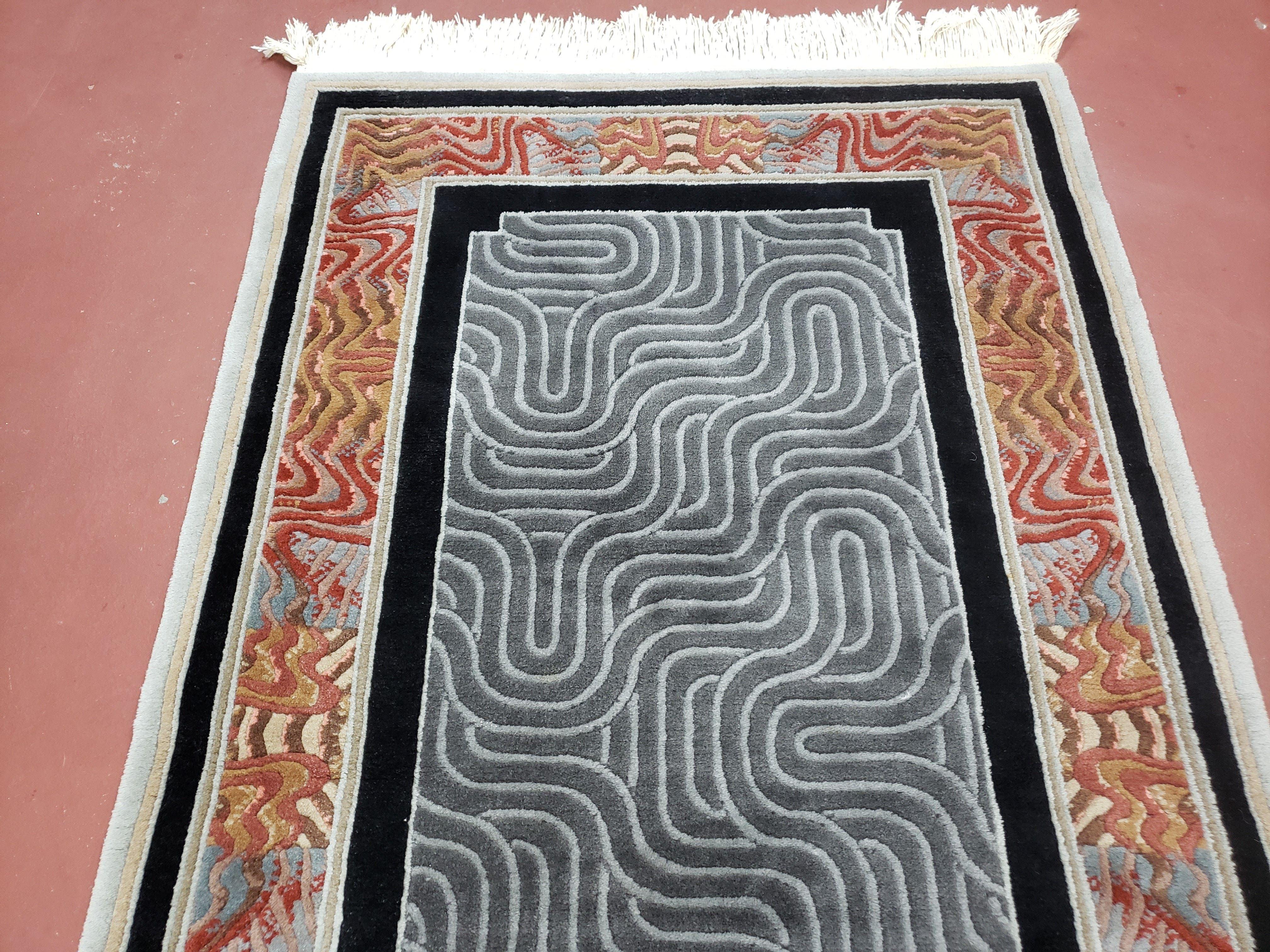 Vintage Chinese Art Deco Accent Rug 3x5, Wool Hand-Knotted, Black & Slate Gray Modern Abstract Asian Oriental Carpet, 3 x 5 Foyer Room Rug - Jewel Rugs