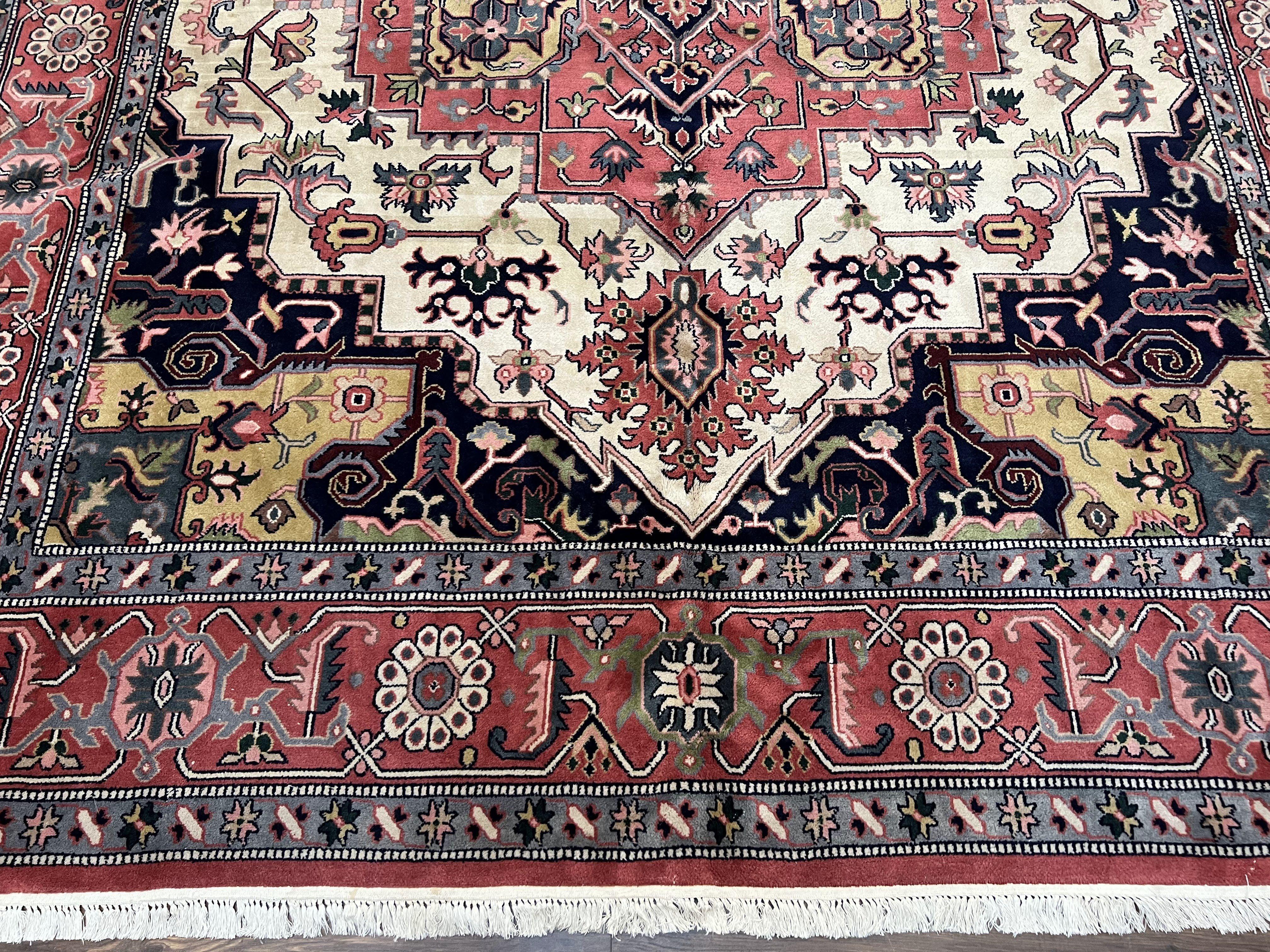 Indo Heriz Rug 8x10, Vintage Geometric Serapi Carpet 8 x 10, Red Cream, Decorative Wool Hand Knotted Rug, Indo Persian Rug, Large Medallion - Jewel Rugs