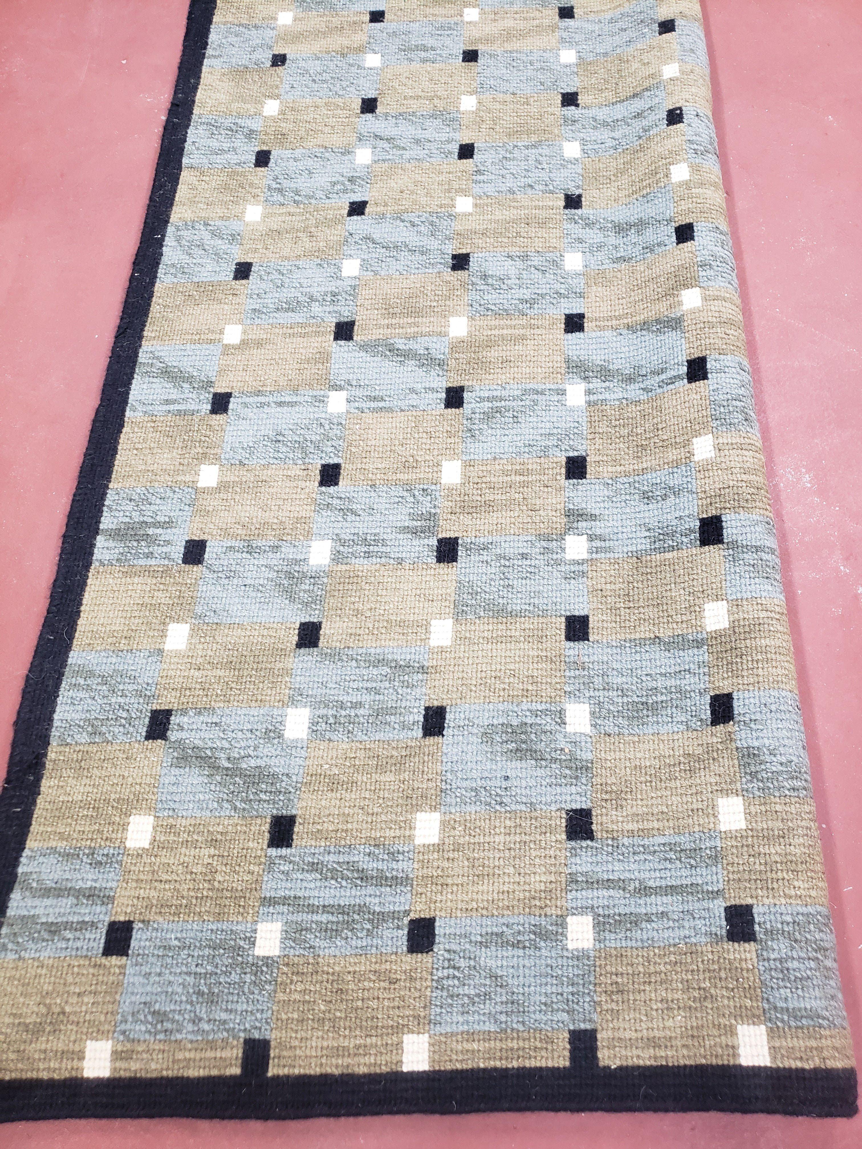 Vintage Modern Tibetan Area Rug 5 x 7.8, Soft Wool Hand-Knotted Checkerboard Pattern Blue & Taupe Nepali Carpet, 5x7 - 5x8 Playroom Rug - Jewel Rugs