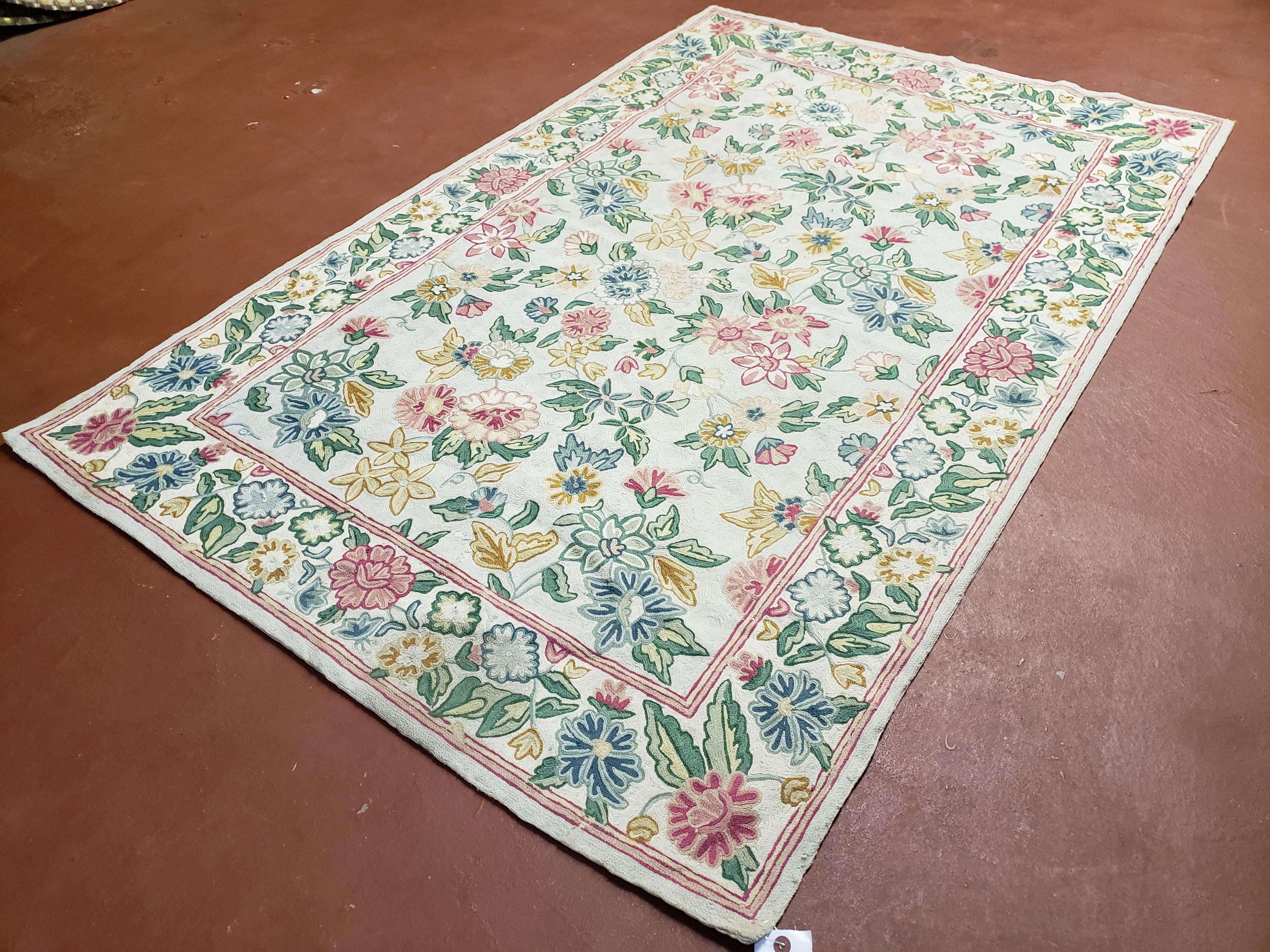 4x6 Chain Stitch Rug 3x5 Indian Rug Hand-Stitched Indo Rug 3' 6" x 5' 5" Floral Pattern Colorful Vintage Wool Pile Cotton Area Rug Flowers - Jewel Rugs