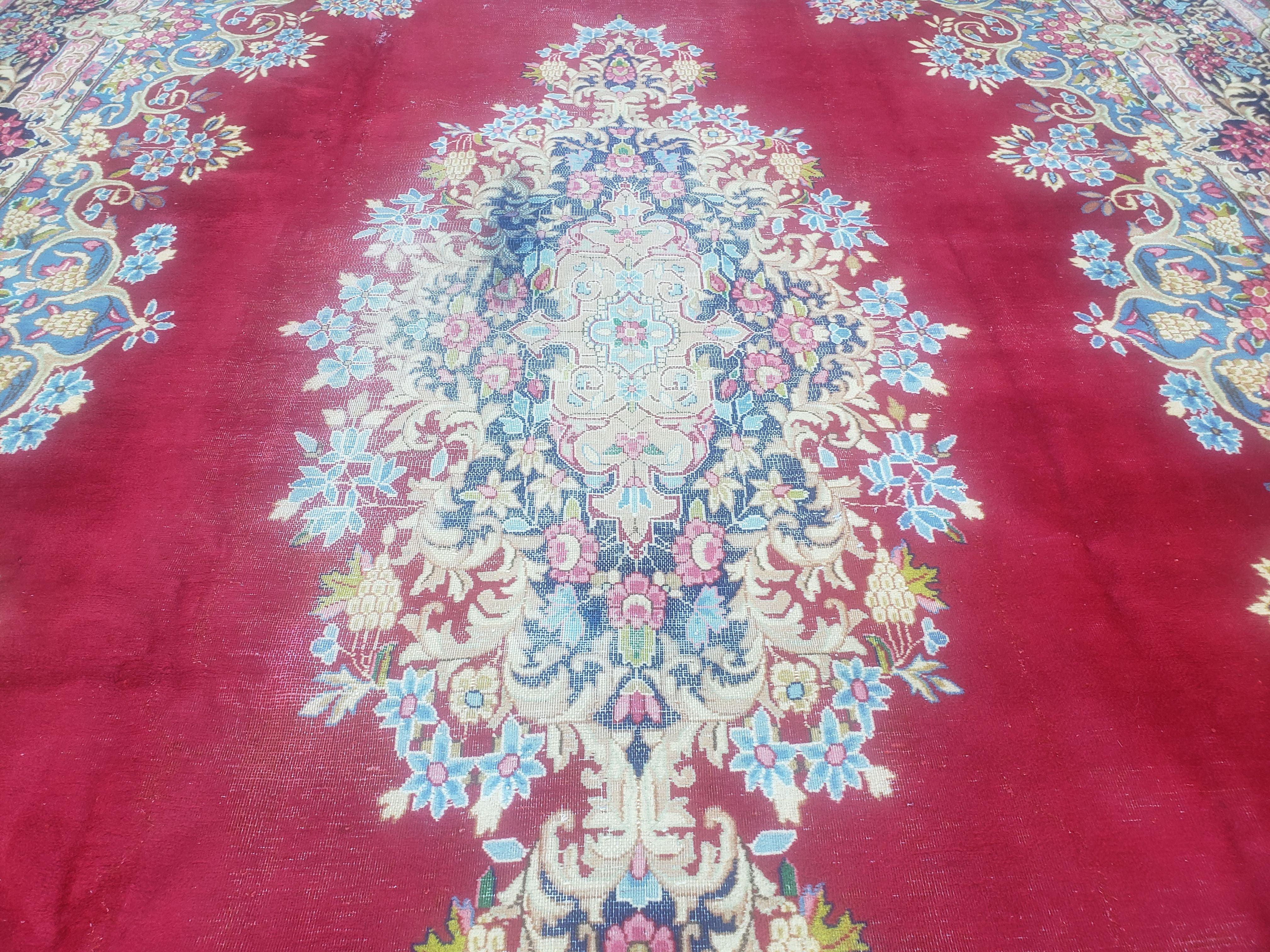 Antique Persian Kirman Rug 10x17 Oriental Carpet 10 x 17, Red, Multicolor, Namazian Signature Master Weaver, Shabby Chic, Semi Open Field - Jewel Rugs