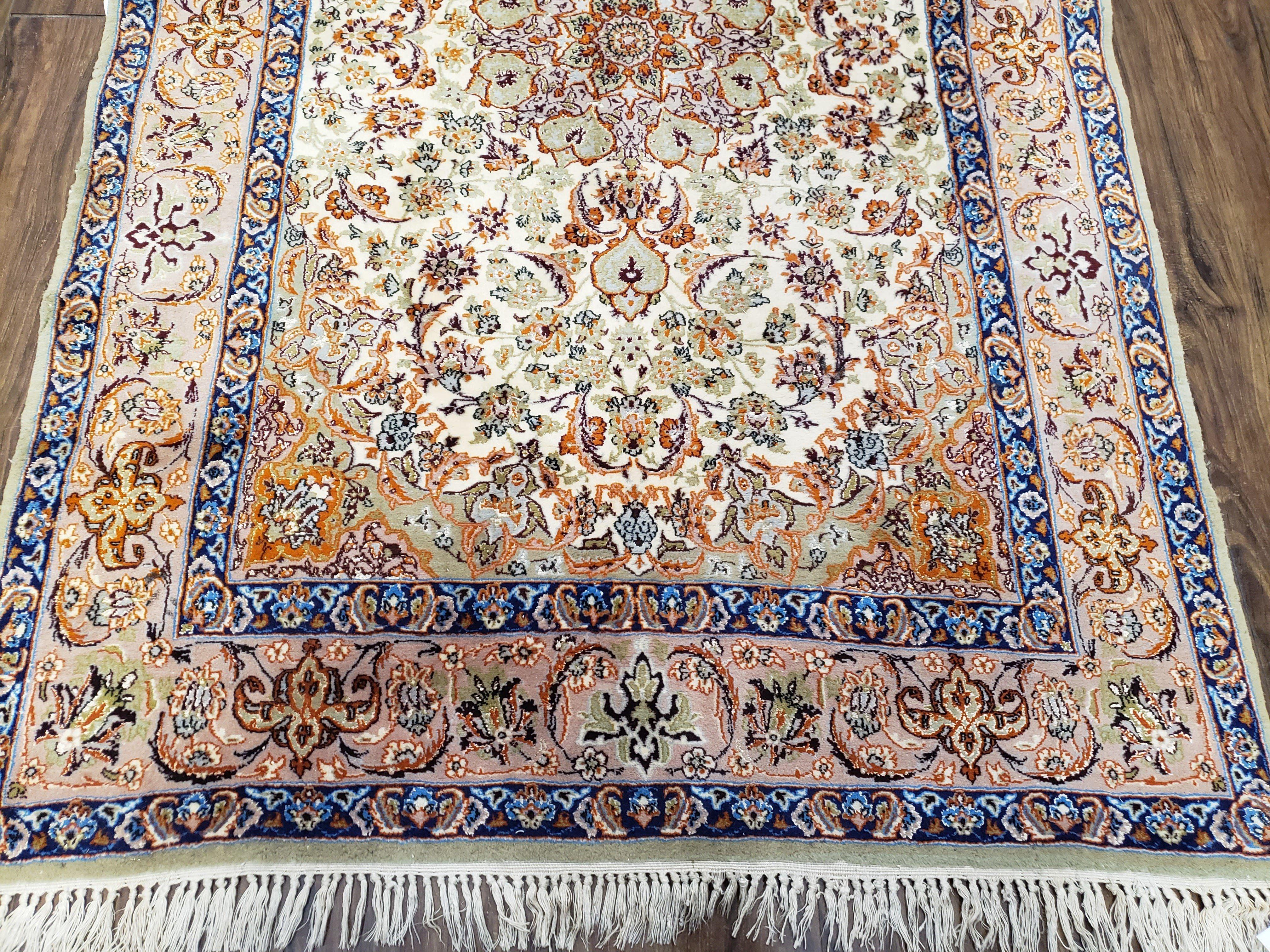 Vintage Persian Isfahan Lachak Toranj Rug, Highly Detailed, Kork Wool on Silk Foundation, Beige and Dark Blue, Hand-Knotted, 3'6" x 5' 4" - Jewel Rugs