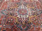 Antique Persian Heriz Rug, Red Dark Blue and Ivory, Wool, Hand-Knotted, Decorative, Tribal, 8' 4" x 11' 3" - Jewel Rugs