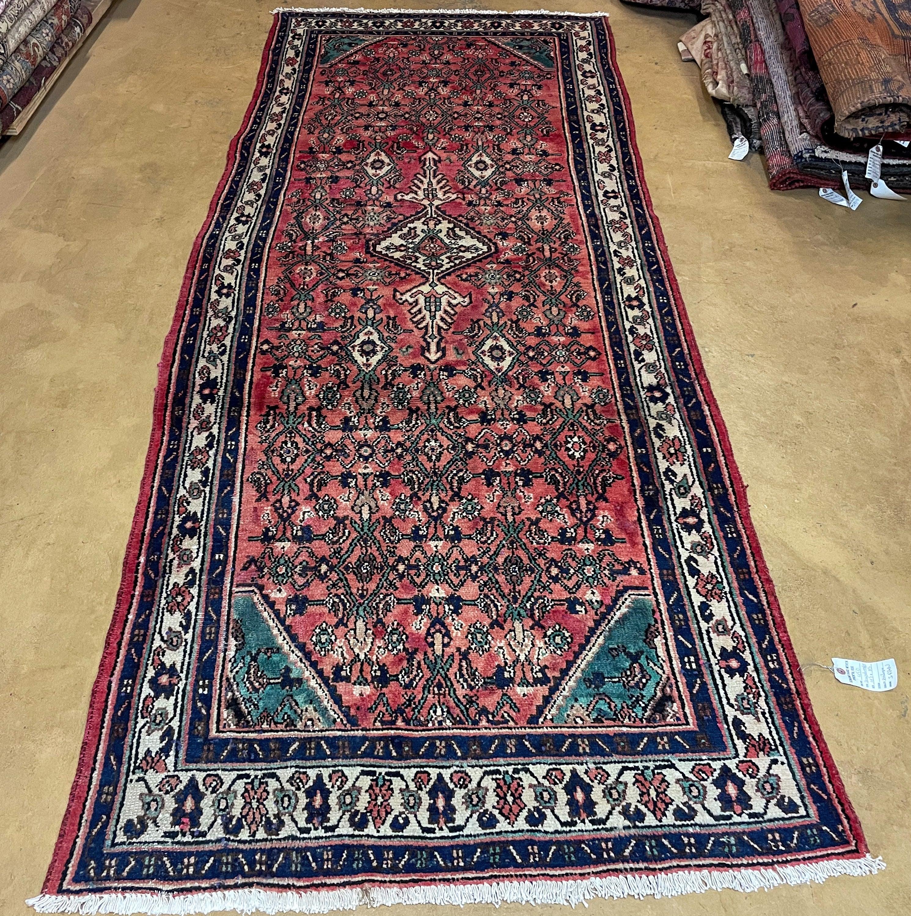 Persian Tribal Runner Rug 3.9 x 9.7, Persian Hamadan Dargazin Runner, Hand Knotted Antique Wool Vegetable Dyed Hallway Runner, Red Off White Teal, Herati Pattern - Jewel Rugs