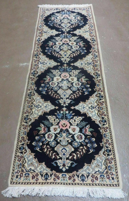 Fine Persian Runner 1.8 x 5, Persian Nain Carpet, Short Runner 5ft Long, Hand Knotted Wool and Silk Antique Rug, Floral Vases, Navy Blue and Ivory, Luxury Rug - Jewel Rugs