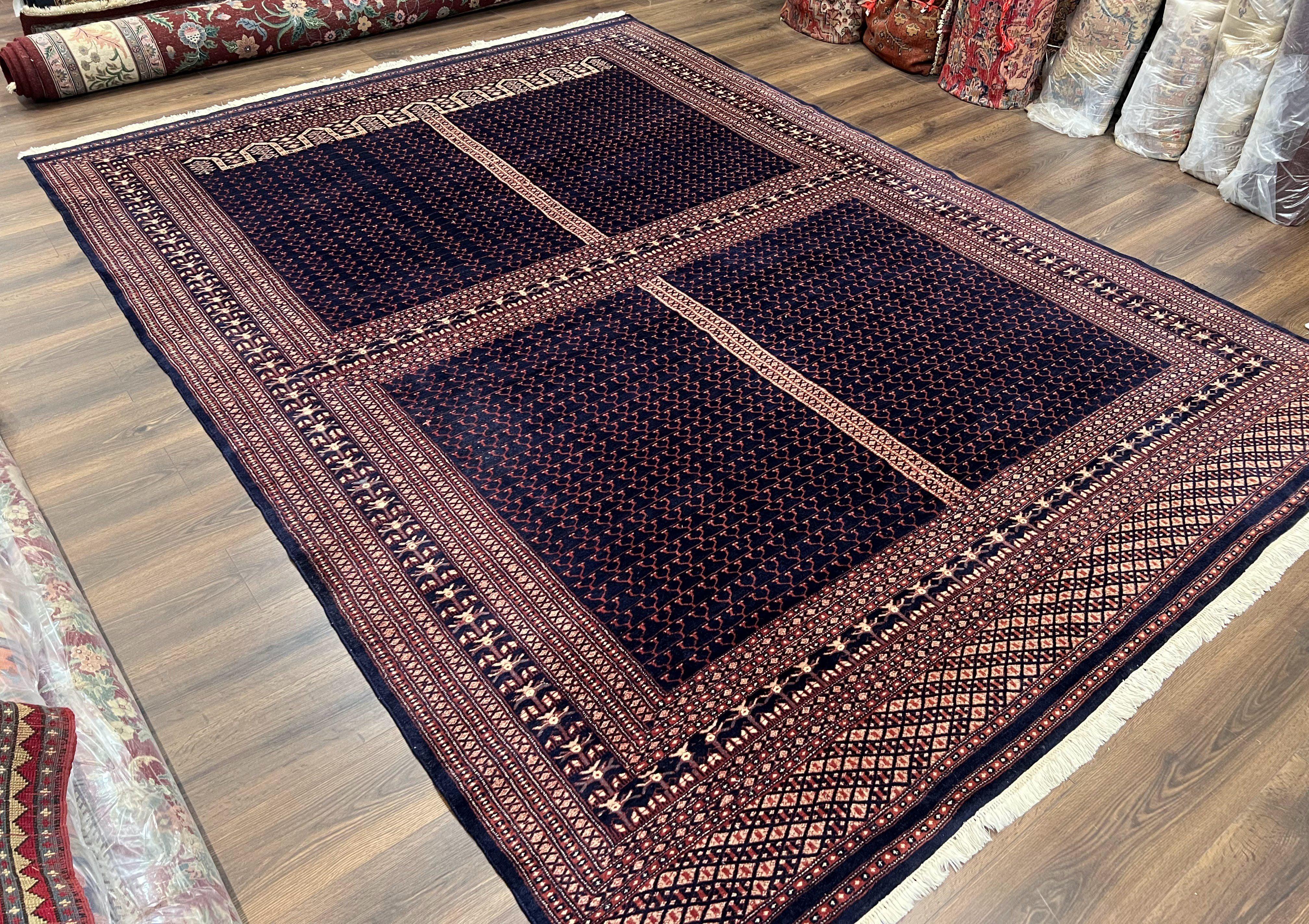 Pakistani Rug 8x11, Hand Knotted Wool Carpet, Navy Blue Red Beige, Four Season Hatchli Design, 8 x 11 Vintage Fine Oriental Rug, Room Sized - Jewel Rugs